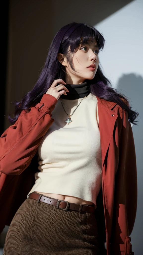 misato katsuragi, long hair, (brown eyes:1.5), (purple hair:1.2), (parted bangs:1.5), sidelocks, tall, milf,(mature female:1.2), (30 years old、very cute super model:1.2), shot on leica, super big , natural proportions, (accurate anatomy body: 1.5), Curvy physique, Thick body, details, masterpiece, best quality, 8k, detailed skin texture, detailed cloth texture, beautiful detailed face, ultra detailed, looking_at_viewer, Best quality, masterpiece, ultra high res, (photorealistic:1.4), raw photo, solo, japanese girl, in the dark, deep shadow, low key, cold light, attire: skirt, jewelry, jacket, belt, necklace, uniform, cross, bright red jacket, pencil skirt, cross necklace, red skirt, black shirt, turtleneck, cropped red jacket,