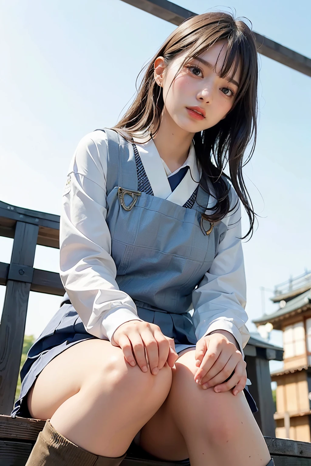 Masterpiece, bokeh, (Beautiful face), (Detailed face), (Perfect hands), (Japanese idle:1.6), (school uniform:1.3), ( Large Bridge construction site:1.3), (Blushed face:1.3), working boots, (From below:1.5), 