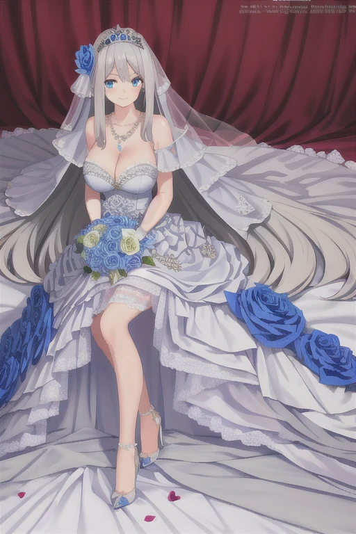 lexington (warship girls r), ((masterpiece)), (((best quality))), ((ultra-detailed)), ((illustration)), ((disheveled hair)), ((frills)), (1 girl), (solo)，alternative costume,blue flower, blue rose, blush, bouquet, breasts, bridal veil, bug, butterfly, choker, cleavage, clothing, crown, dress, female, flower, frilled dress, frills, full body, gloves, headdress, headwear, insect, jewelry, large breasts, long hair, necklace, petals, rose, smile, tiara, veil, （Trailing wedding dress:1.4), white dress, white gloves,gray_hair,blue_eyes,Bare_Feet,Feet,Sitting,Crossed_Legs,rating:safe,