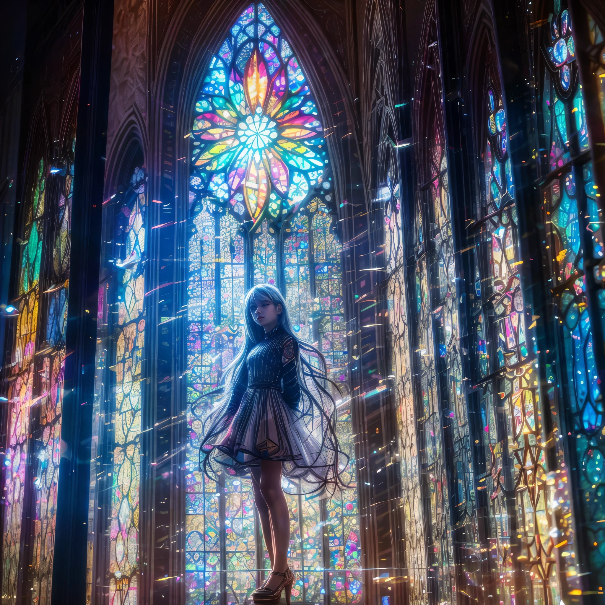 (Cathedral from below:1.28) (ZoomLayer) TopQuality 8K masterpiece of ((Professional photo)), (((Clarisse de Cagliostro))) (Detailed White WeddingDresses), Chain, (((Extremely detailed KAWAII face))) {((VeiledFace))|BlondeHair|(Elaborate BuleEyes)with(SparklingHighlights:1.28)}, The background is distant (((Elaborate stained glass))) Rainbow Glass, {(MysticSight)|EnchantingAtmosphere|Haze|(GodRays)|TyndallEffect}, Radiant PearlSkin with Transparency, (Exposed:0.39)