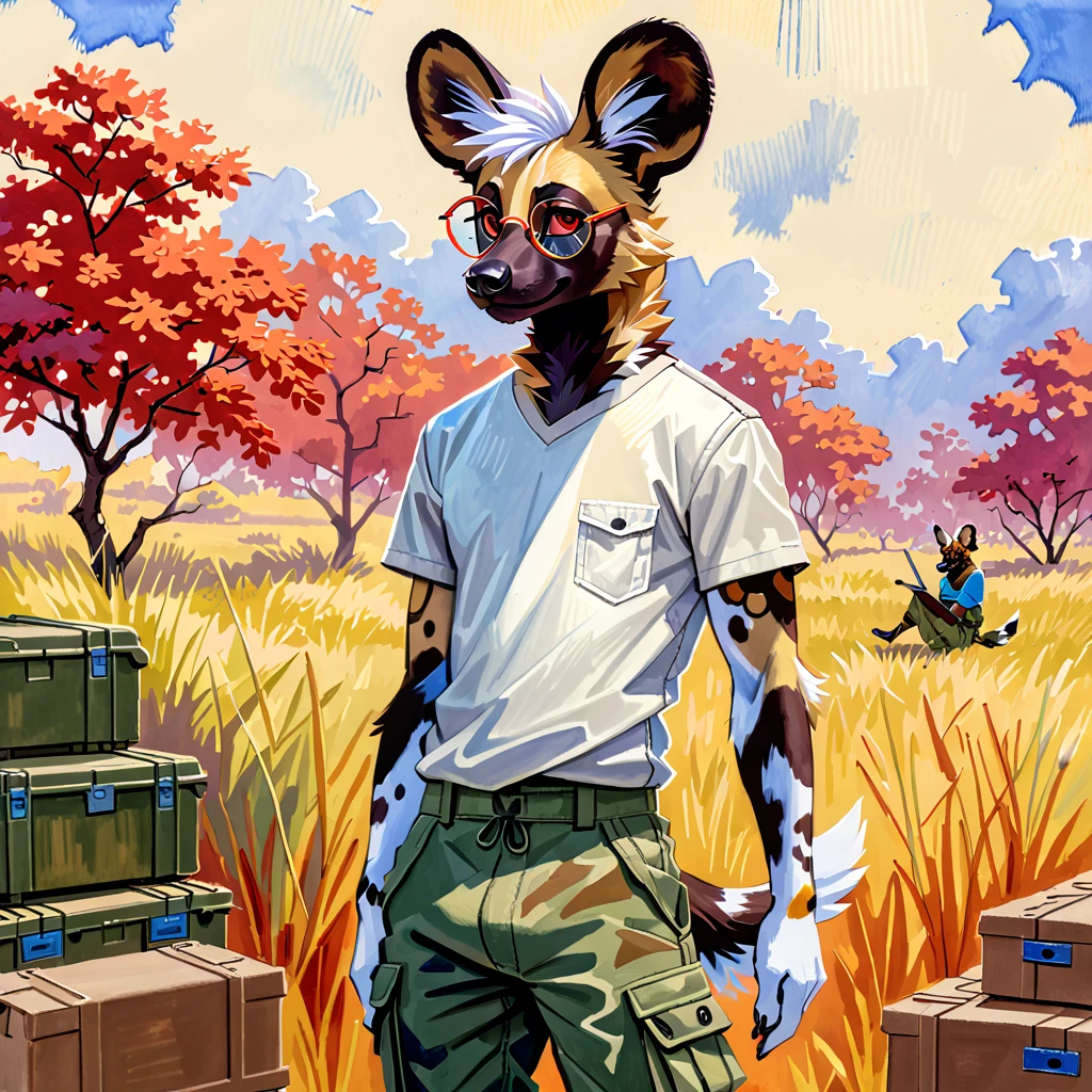 Gouache painting, anthro, African wild dog, shirt, cargo pants, male, round glasses, white head fluff, red eyes 