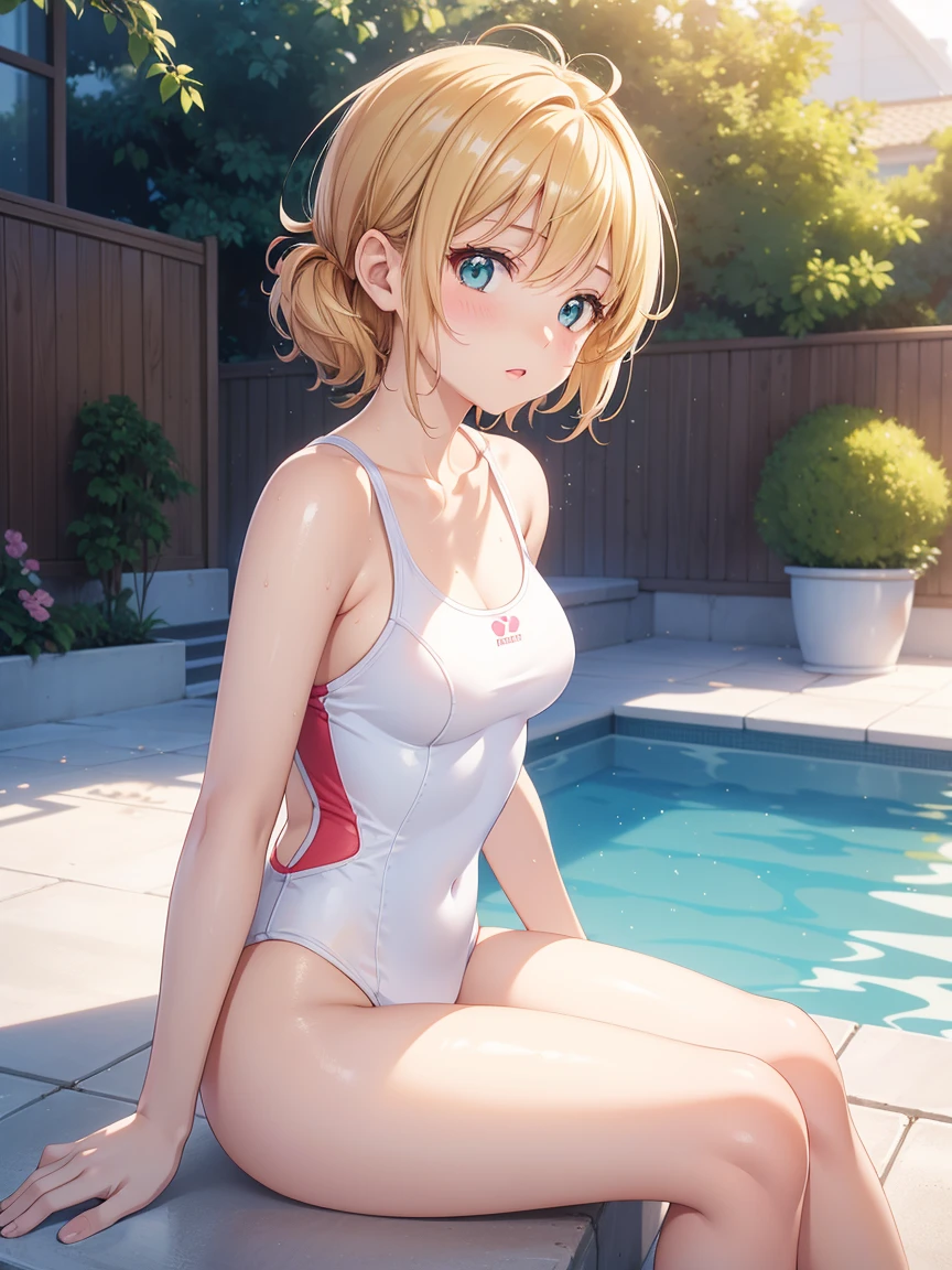 1 girl, natural lighting, work of art, highy detailed, illustration, CG game, absurderes, high qualiy, kinomoto sakura, (girl of 18 years old), (medium breasts), beautiful detailed eyes, Glossy lips, natural lighting, Short Fluffy Blonde Hair, Messy hair, greeneyes, sitting down, pool edge, one piece swimsuit