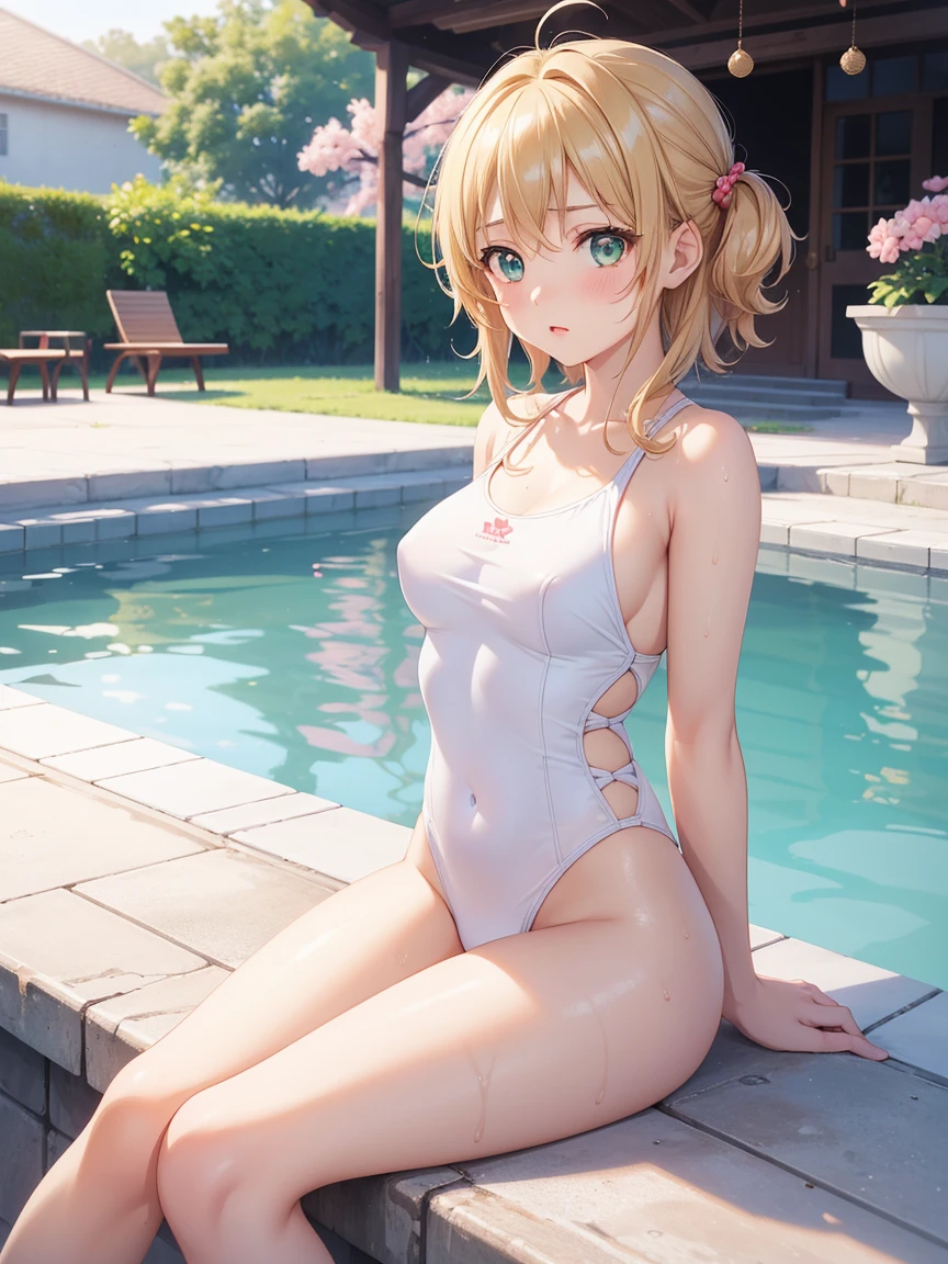 1 girl, natural lighting, work of art, highy detailed, illustration, CG game, absurderes, high qualiy, kinomoto sakura, (girl of 18 years old), (medium breasts), beautiful detailed eyes, Glossy lips, natural lighting, Short Fluffy Blonde Hair, Messy hair, greeneyes, sitting down, pool edge, one piece swimsuit