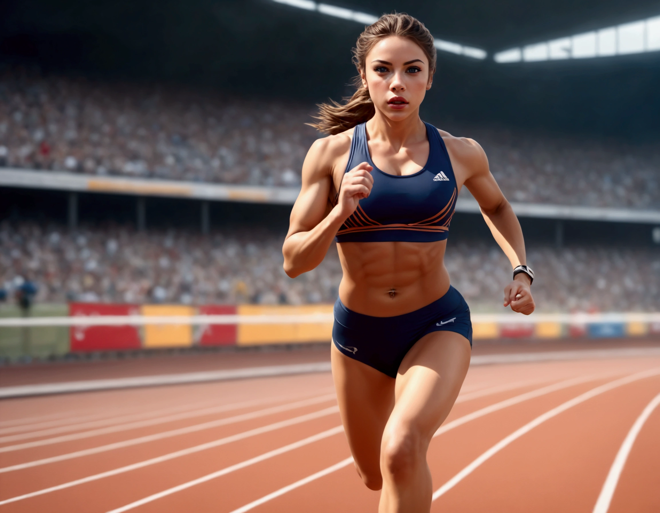 a high speed female sprinter sprinting off the starting blocks, 1girl, professional athlete, muscular athletic body, beautiful detailed eyes, beautiful detailed lips, extremely detailed eyes and face, longeyelashes, running shorts, sports jersey, sports shoes, race track, stadium in background, (best quality,4k,8k,highres,masterpiece:1.2),ultra-detailed,(realistic,photorealistic,photo-realistic:1.37),HDR,UHD,studio lighting,ultra-fine painting,sharp focus,physically-based rendering,extreme detail description,professional,vivid colors,bokeh,sports,dynamic,fast motion,powerful,intense