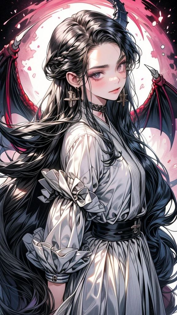 One Beautiful girl、unique long hairstyle 、black hair color , purple eyes、small face、anime makeup、"A girl with a cute and androgynous face"、white skin、cold sharp eyes、Very thin eyebrows、tall、stylish black luxury fashion、stylish outfits 、、19 years old、British girl、Has a languid look、anger、Lower the corners of your mouth with no expression on your face、Photographed from the side diagonally、model photoshoot、masterpiece、highest quality、high resolution、luxurious 、glaring expression、korean makeup 、Cool photos、blurred black filter, black suit , arms tattoos、Various poses、rich , handsome girl, an expression of despair, lifeless eyes , darkness, dragon girls, gorgeous body.have dragon horn and dragon tail