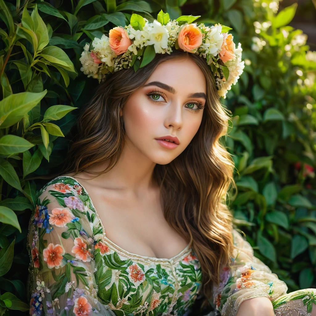 a beautiful girl, sitting patiently between flower bushes, detailed face, beautiful eyes, long eyelashes, delicate lips, ornate flower crown, intricate floral dress, lush green foliage, warm lighting, vibrant colors, highly detailed