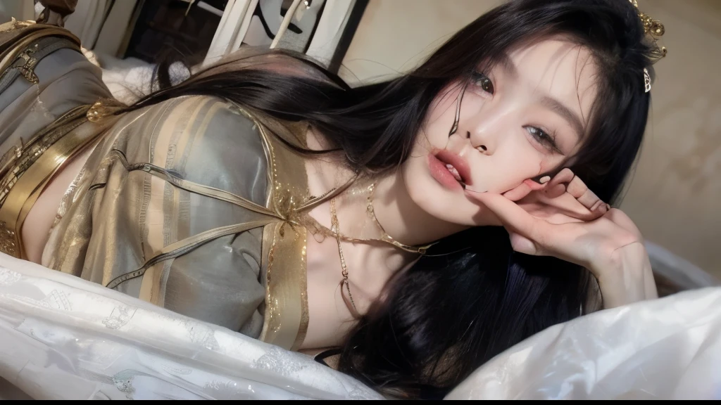 Masterpiece, high quality, 4K, beautiful design, shiny, from the front, award winning photo, extremely detailed, amazing, fine detail, absurdres, highly detailed woman, extremely detailed eyes and face,  solo, 1girl, babe, glossy, big , wifs, sparkling fabric, incrusted with jewels, visible midriff , woman wearing a wifs, posing inside a castle with an oriental architecture, golden embroidery,  