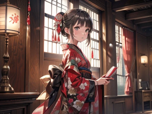 kimono, heart, (8k, Original photo, Highest quality, masterpiece: 1.2), (practical: 1.6), (masterpiece), (Highest quality: 1.0), (Ultra-high resolution: 1.0), detailed, 1940s, One, detailed beautiful skin, detailed room, ,practical skin