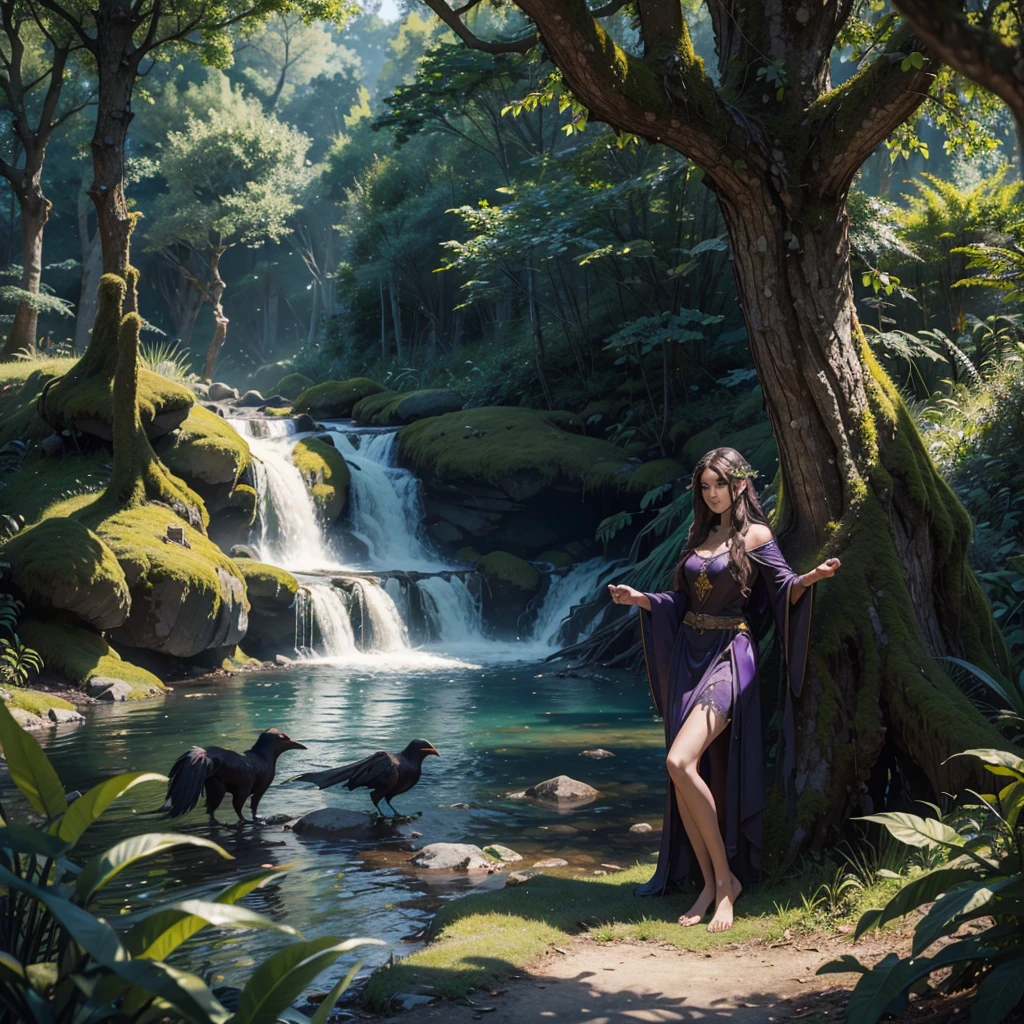 a incredibly attractive druid in an ancient forest surrounded by mystical creatures, immaculate detailed, top resolution, photograph like, realistic, raw photo, chromatic lens, photo realistic, flawless style clarity and focus, perfect photo like CGI, photo realistic, raw photo, landscape lens, gorgeous complexion, 1000 bit color template, cinematic lighting, HDR10, ravens and weasels watched as the ⁵⁵