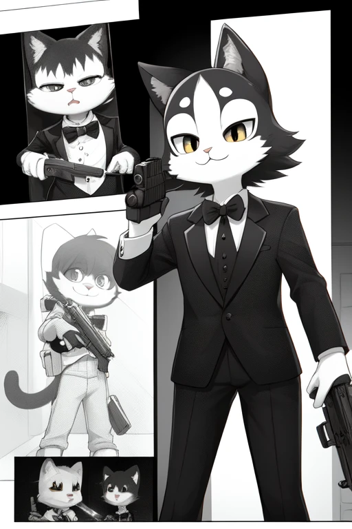 A black and white tuxedo breed furry cat with a gun pointing at the fourth wall
