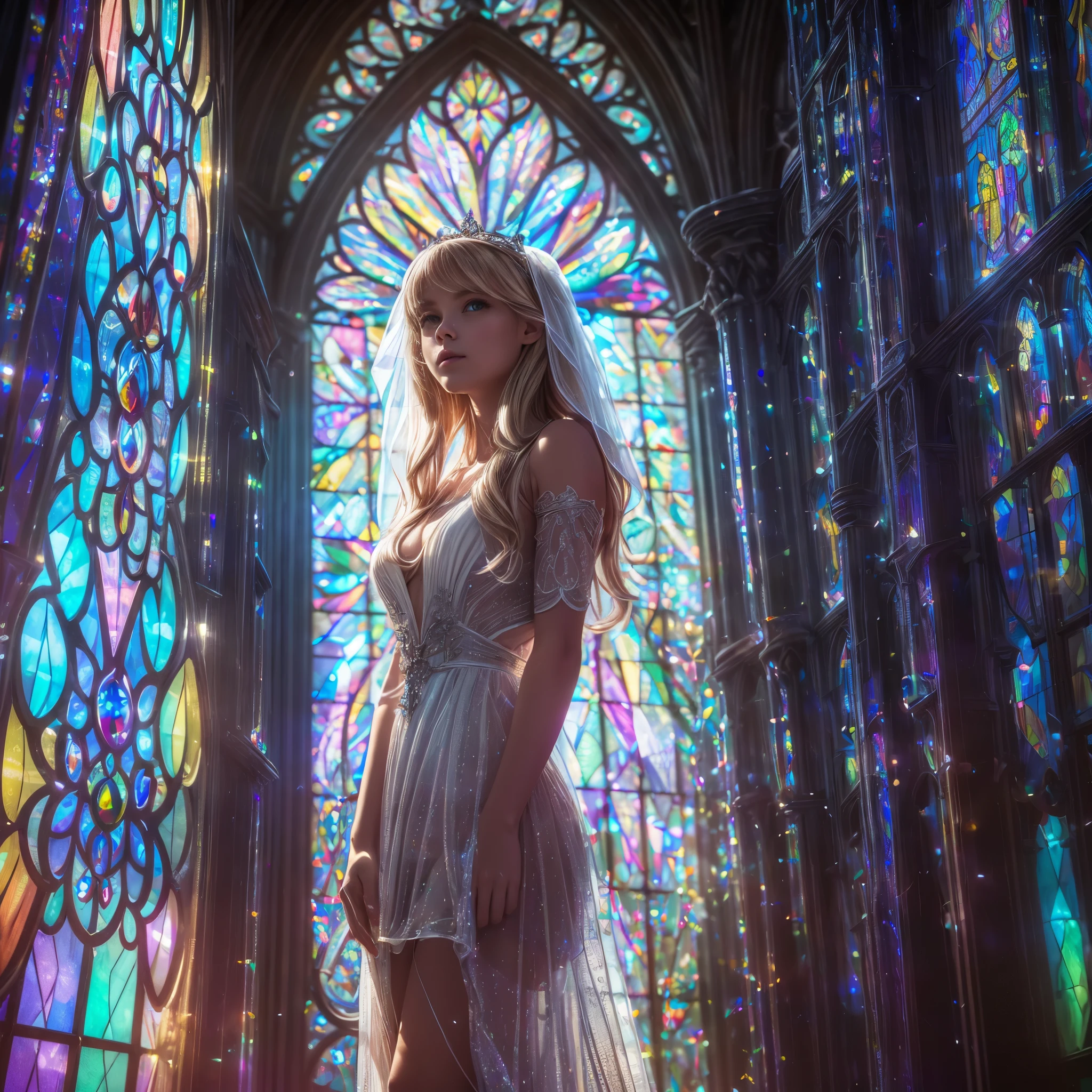  (Cathedral from below:1.28) (ZoomLayer) TopQuality 8K masterpiece of ((Professional photo)), (((Clarisse de Cagliostro))) (Detailed White WeddingDresses), Chain, (((Extremely detailed KAWAII face))) {((VeiledFace))|BlondeHair|(Elaborate BuleEyes)with(SparklingHighlights:1.28)}, The background is distant (((Elaborate stained glass))) Rainbow Glass, {(MysticSight)|EnchantingAtmosphere|Haze|(GodRays)|TyndallEffect}, Radiant PearlSkin with Transparency, (Exposed:0.39)