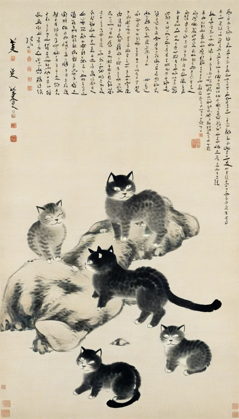 Chinese landscape painting,High resolution,No humans,Cat and kitten flock,the art of chinese calligraphy,Asian Artwork,Traditional Chinese Painting,ink Cat and kitten flock drawing,calligraphy,parchment,Vertical composition,Minimum,Brush strokes,cultural,Seal Art,antique,artistic,Single subject,Text Overlay,Fine art,Chinese Text,Ink Painting,