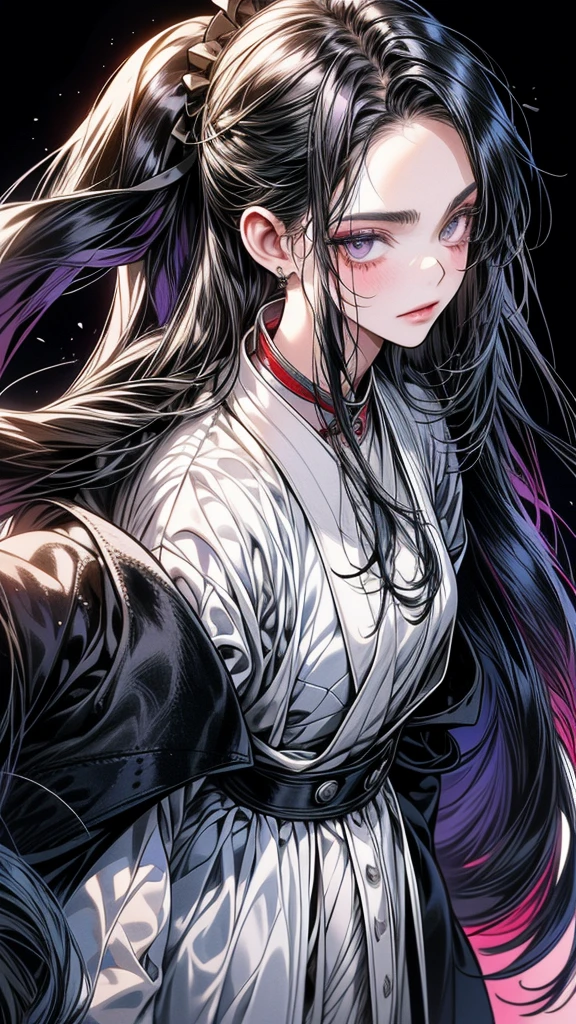 One Beautiful girl、unique long hairstyle 、black hair color , purple eyes、small face、anime makeup、"A girl with a cute and androgynous face"、white skin、cold sharp eyes、Very thin eyebrows、tall、stylish black luxury fashion、stylish outfits 、、19 years old、British girl、Has a languid look、anger、Lower the corners of your mouth with no expression on your face、Photographed from the side diagonally、model photoshoot、masterpiece、highest quality、high resolution、luxurious 、glaring expression、korean makeup 、Cool photos、blurred black filter, black suit , arms tattoos、Various poses、rich , handsome girl, an expression of despair, lifeless eyes , darkness, dragon girls, gorgeous body.have dragon horn and dragon tail