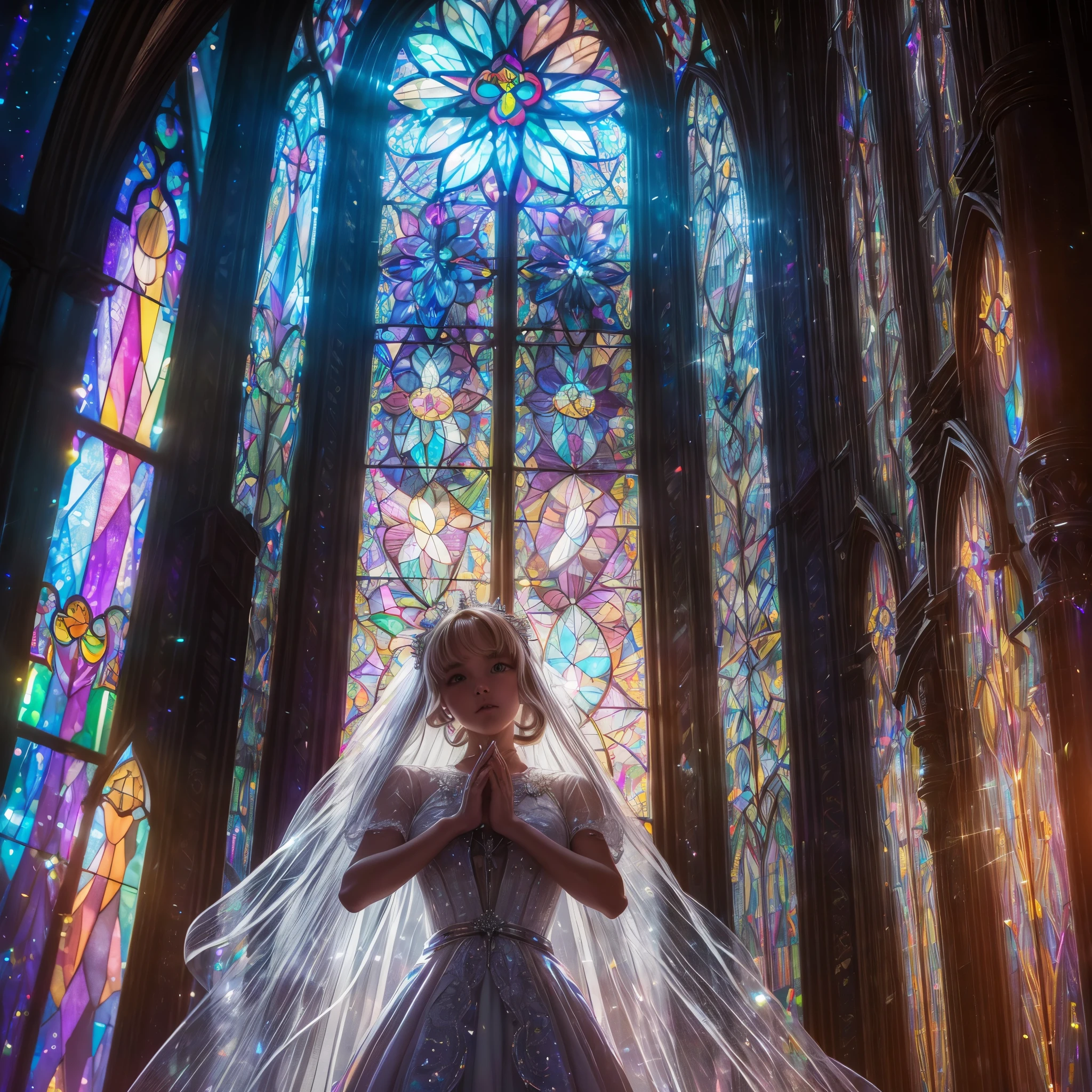 (Cathedral from below:1.28) (ZoomLayer) TopQuality 8K masterpiece of ((Professional photo)), (((Clarisse de Cagliostro))) (Detailed White WeddingDresses), Chain, (((Extremely detailed KAWAII face))) {((VeiledFace))|BlondeHair|(Elaborate BuleEyes)with(SparklingHighlights:1.28)}, The background is distant (((Elaborate stained glass))) Rainbow Glass, {(MysticSight)|EnchantingAtmosphere|Haze|(GodRays)|TyndallEffect}, Radiant PearlSkin with Transparency, (Exposed:0.39)