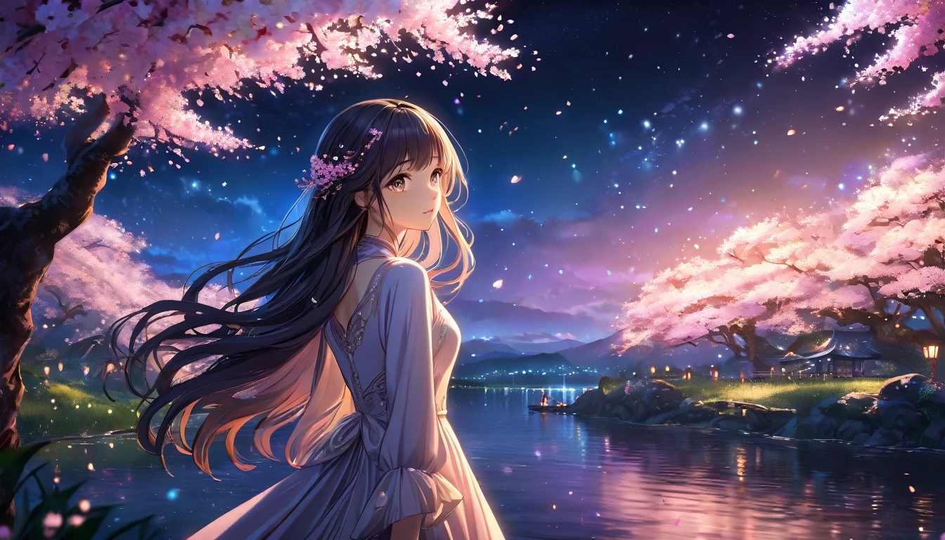 a night scene, glowing flowers, beautiful landscape, anime style, 1girl, long flowing hair, detailed facial features, elegant dress, moonlight, fireflies, cherry blossoms, intricate background details, soft lighting, vibrant colors, fantasy, highly detailed, masterpiece, photorealistic, 8k, cinematic,long shot