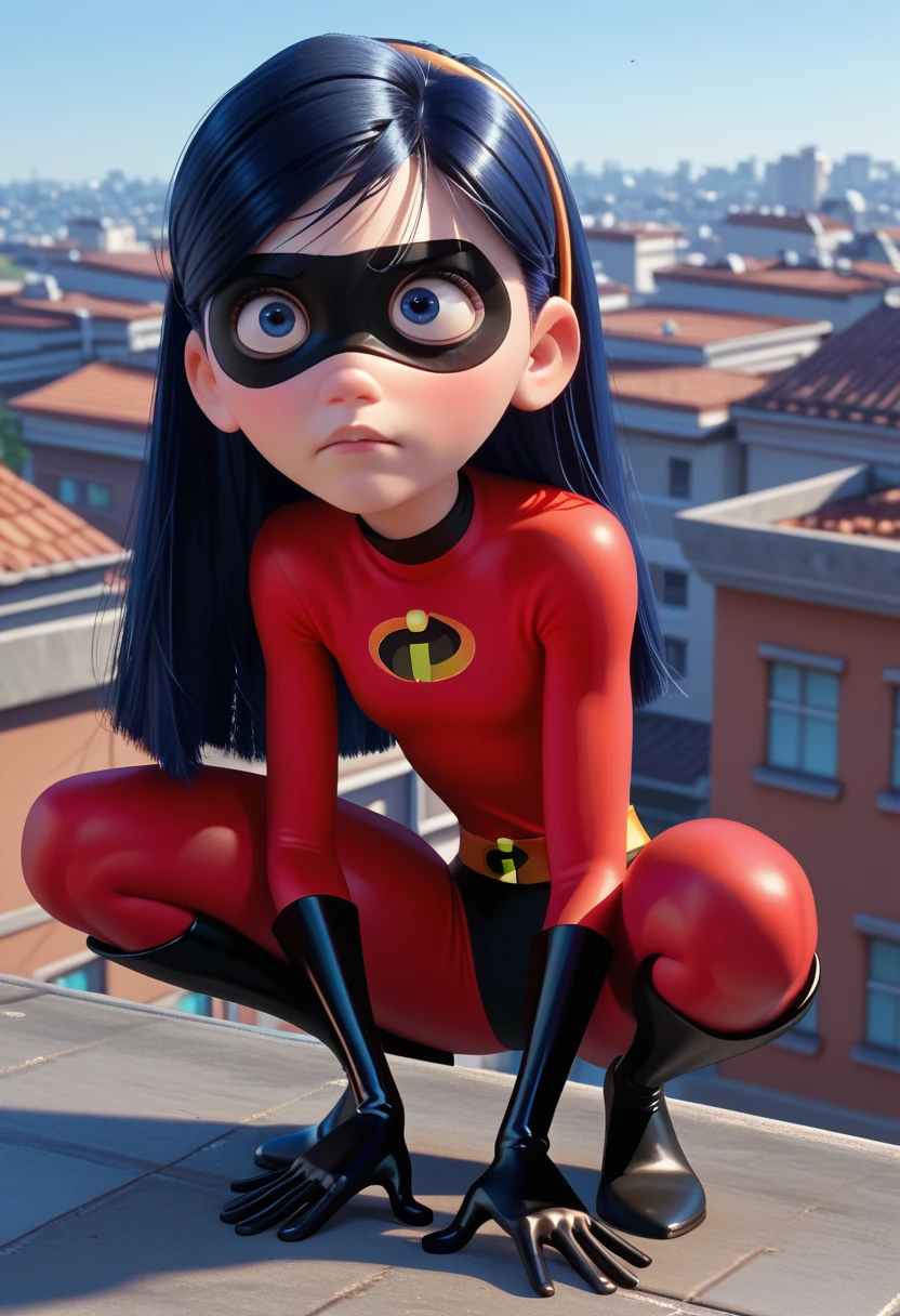 score_9, score_8_up, score_7_up, score_6_up, score_5_up, score_4_up, 1girl, VioletParr, superhero, long hair, headband, mask, crouching,rooftop,