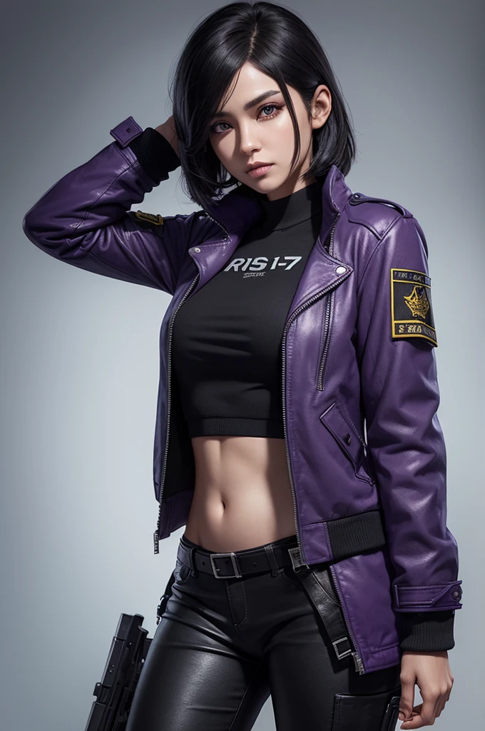 A realistic free fire character with medium black hair with half slanted eyes with a presta jacket with a name L7 bella on the front with black and purple details