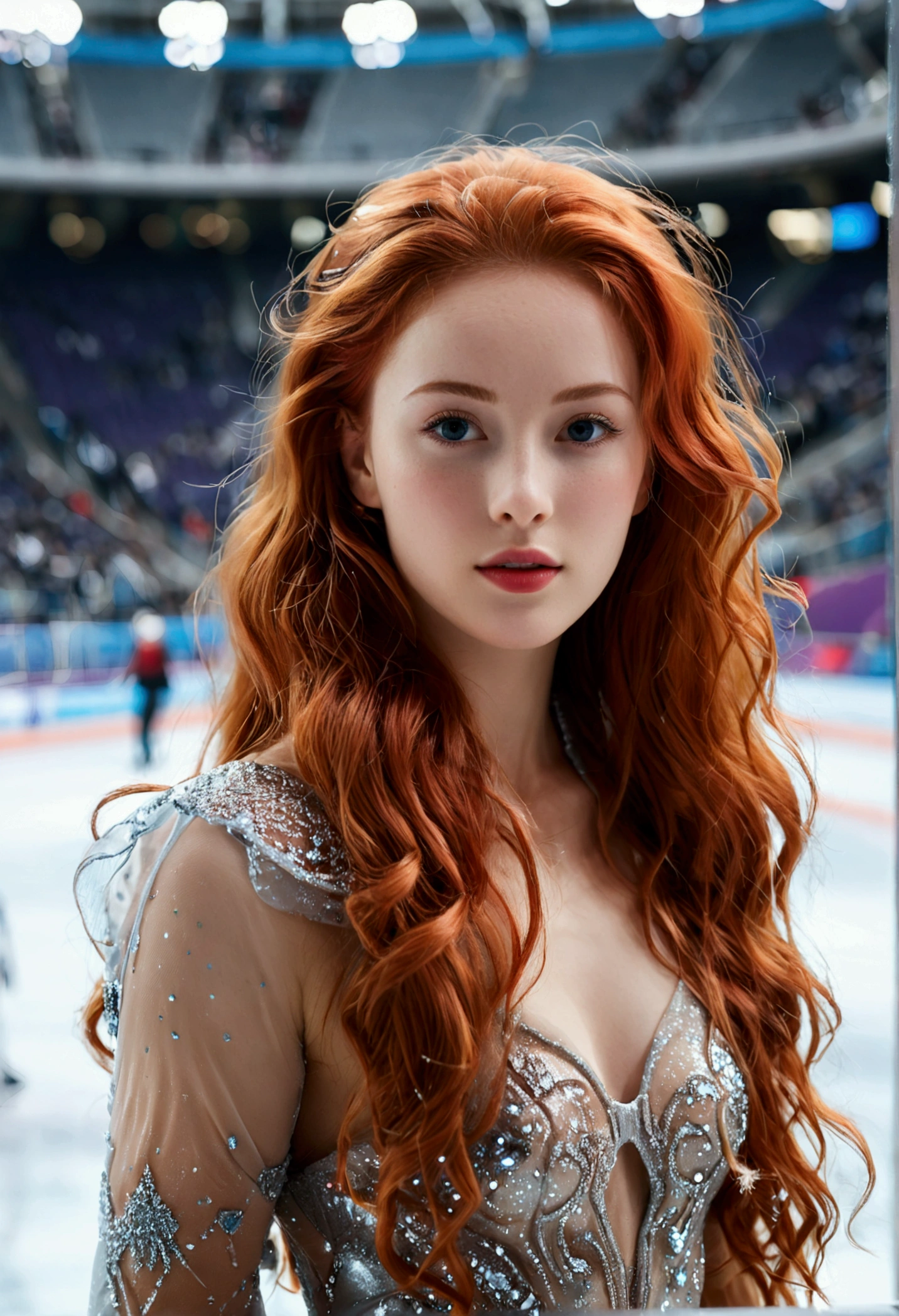 ultra realistic, photography, long red hair, girl, 24 years old, hourglass figure, perfect body, Flirty look, natural breasts, blur background, in the olympic stadium, being an olympic figure skater on ice doing some ice skating