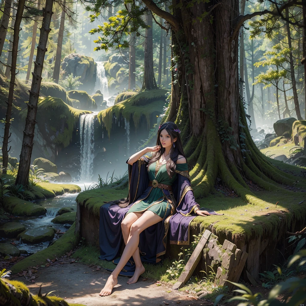 a incredibly attractive druid in an ancient forest surrounded by mystical creatures, immaculate detailed, top resolution, photograph like, realistic, raw photo, chromatic lens, photo realistic, flawless style clarity and focus, perfect photo like CGI, photo realistic, raw photo, landscape lens, gorgeous complexion, 1000 bit color template, cinematic lighting, HDR10, ravens and weasels watched as the ⁵⁵
