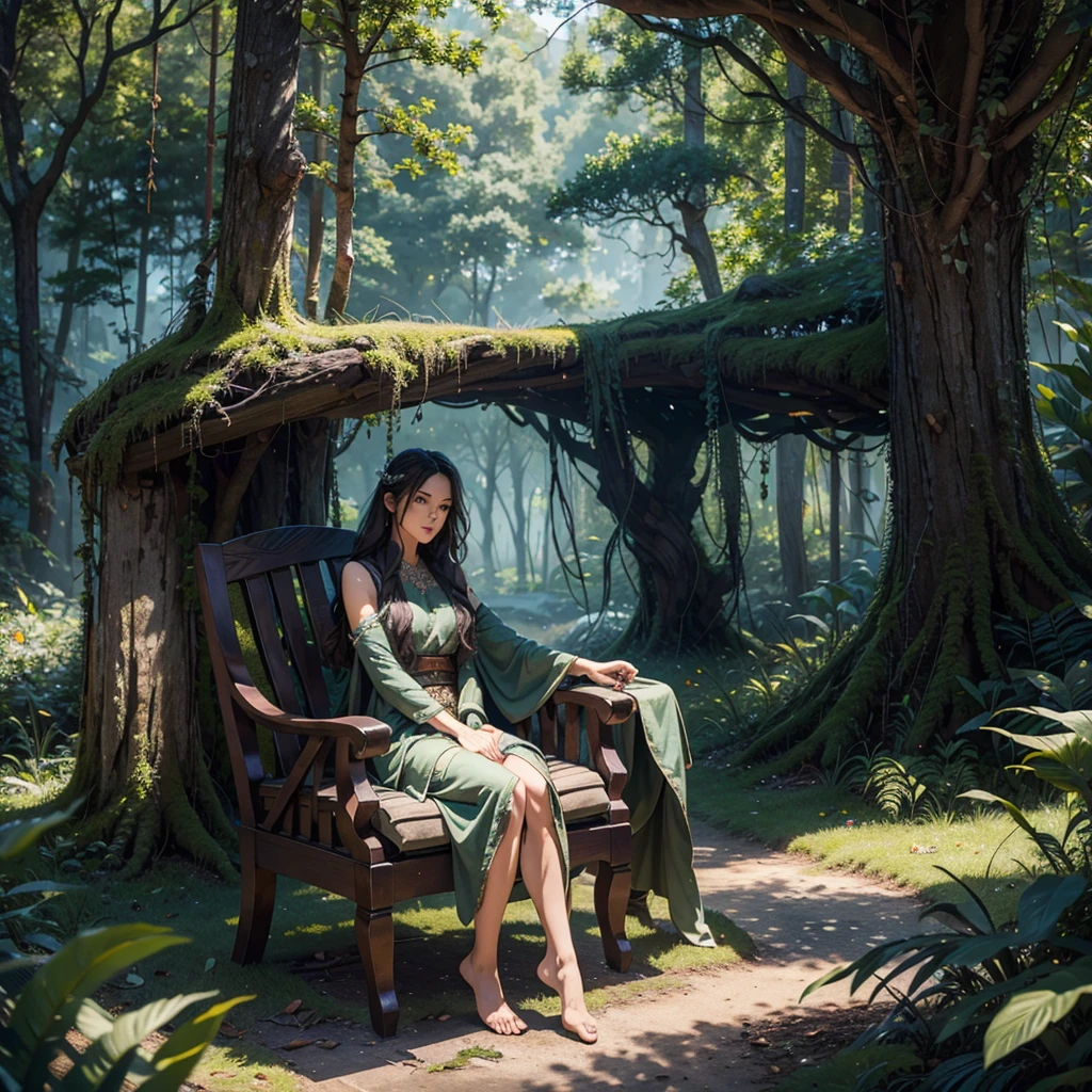 a incredibly attractive druid in an ancient forest surrounded by mystical creatures, immaculate detailed, top resolution, photograph like, realistic, raw photo, chromatic lens, photo realistic, flawless style clarity and focus, perfect photo like CGI, photo realistic, raw photo, landscape lens, gorgeous complexion, 1000 bit color template, cinematic lighting, HDR10, ravens and weasels watched as the ⁵⁵