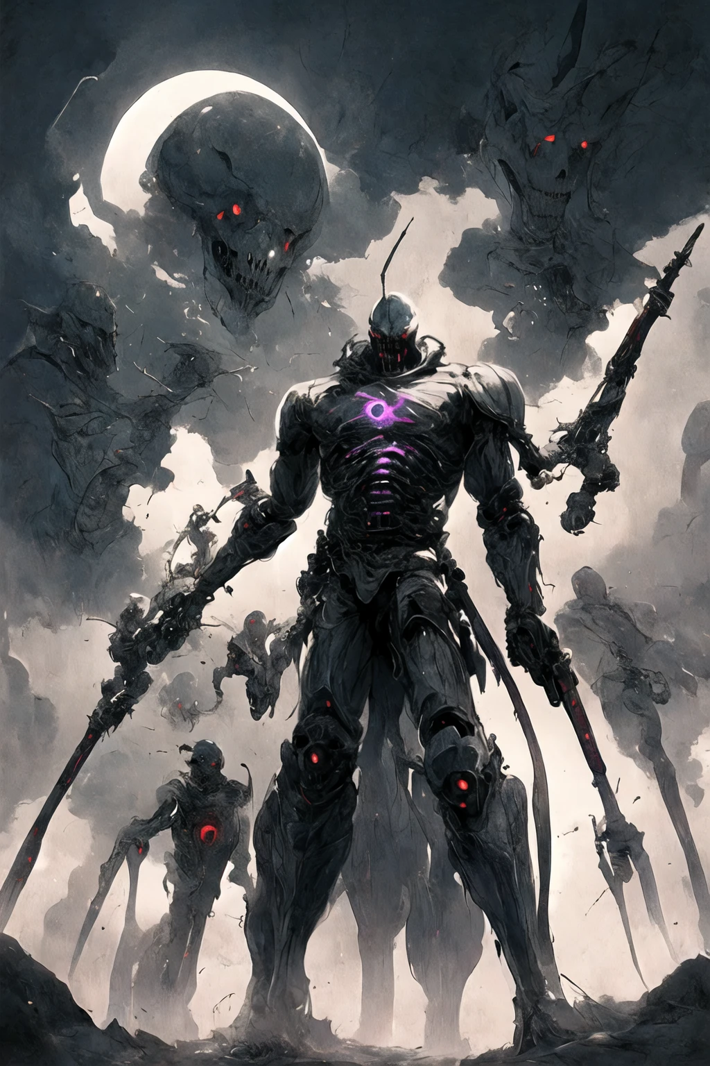 (((Highest quality)))(((Best Image)))(((anatomy)))外見は黒いfog,Wear shiny armor,Modern Battle Suits(((Appearance)))The shape is humanoid,Wearing armour(((Features)))Eyes glowing red,The shape is made of purple glowing matter..Possess modern weapons.(((male)))The skeleton is human-like、Muscle fibers are visible,fogのようなもので構築している(((background)))Barren Land,dead tree,fog,Chaotic world(((Standing posture)))Battle Scenes,overwhelmingly strong,Highest quality。