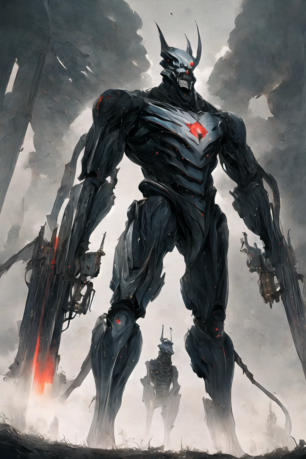 (((Highest quality)))(((Best Image)))(((anatomy)))外見は黒いfog,Wear shiny armor,Modern Battle Suits(((Appearance)))The shape is humanoid,Wearing armour(((Features)))Eyes glowing red,The shape is made of purple glowing matter..Possess modern weapons.(((male)))The skeleton is human-like、Muscle fibers are visible,fogのようなもので構築している(((background)))Barren Land,dead tree,fog,Chaotic world(((Standing posture)))Battle Scenes,overwhelmingly strong,Highest quality。