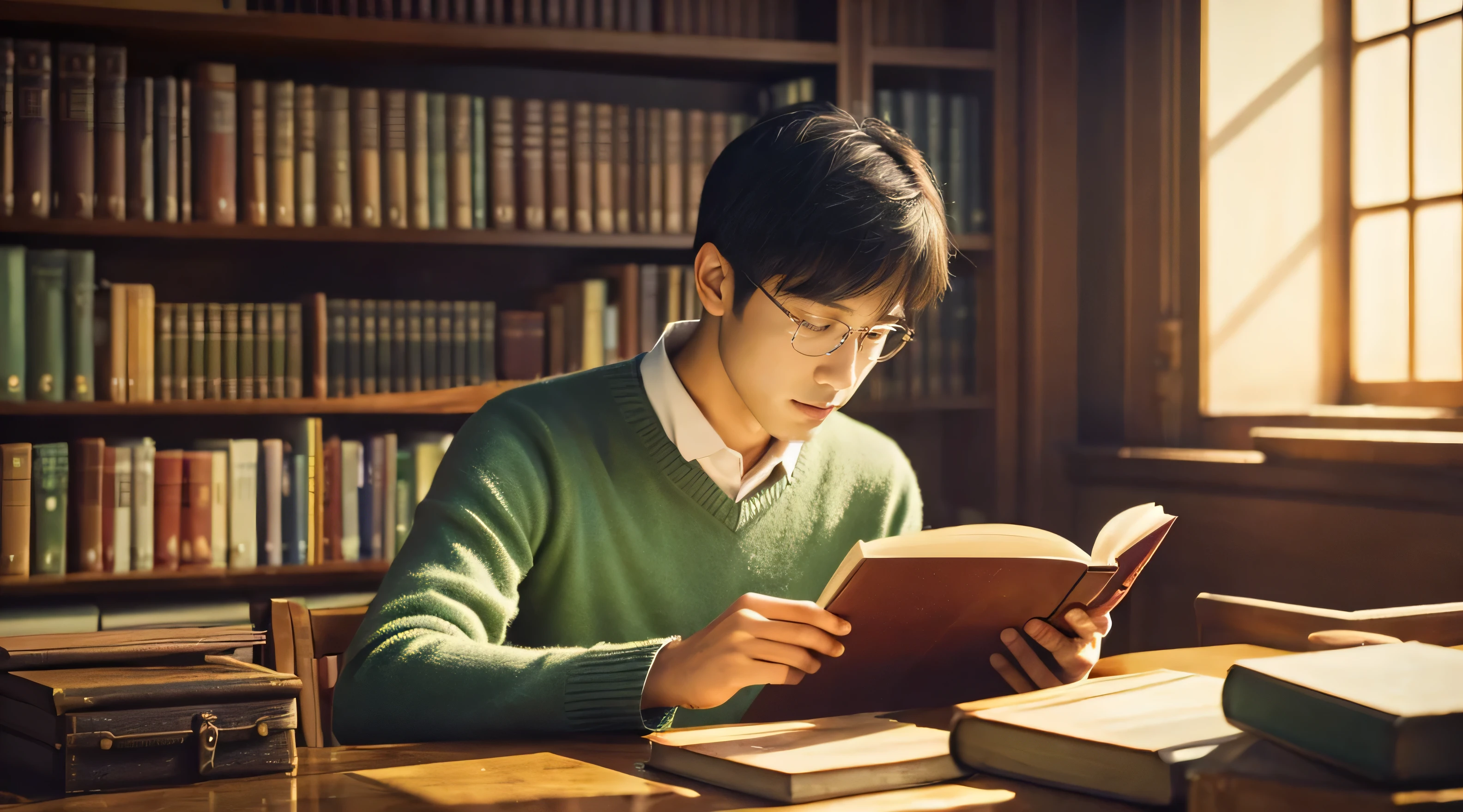 library、Man reading a book、Many books、Gentle light、High resolution、High resolution、
