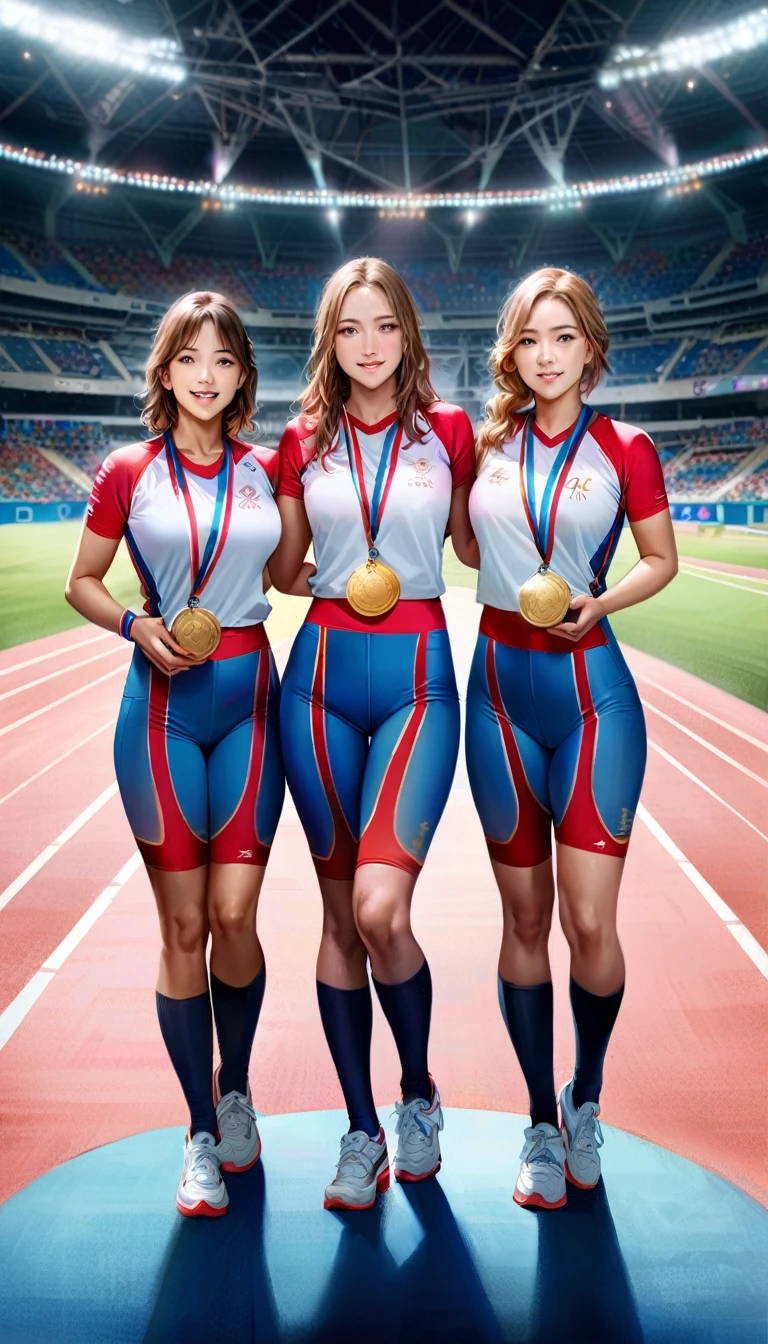 a woman athlete relay team, 4 women athletes, realistic, full body shot, standing together, rejoicing in victory, holding gold medals, indoor olympic stadium, immersive background, hyperrealistic, highly detailed, 8k, photorealistic, masterpiece, studio lighting, physically-based rendering, vibrant colors, dynamic lighting