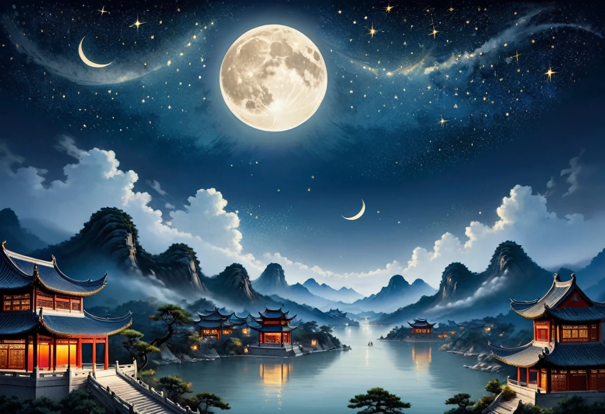 realistic, a huge crescent moon, surrounded by stars,as depicted in ancient Chinese paintings