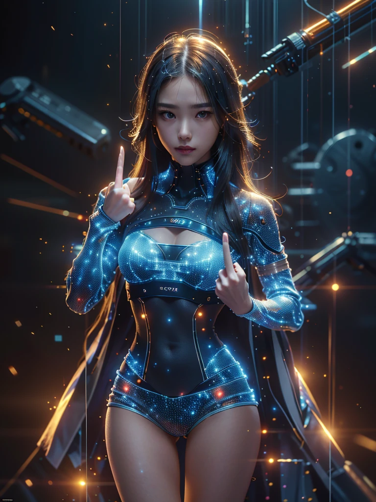 Ultra-Realistic Capture,18k,RAW Photos,Highest quality,masterpiece,reality,Very detailed,Live Action,Very beautiful woman,Detailed face,Glowing Skin,rainbow,Automata,cyber punk,18-year-old ,Model body type,slim,lots of leds,Clothes made of light particles,rainbowスキン,Implanted electronic devices,Very detailedな電子機器,Many connecting lines,Very long hair,Large Breasts,Acrobatic poses,((Middle finger:1.5)),neon,Long legs,anger,