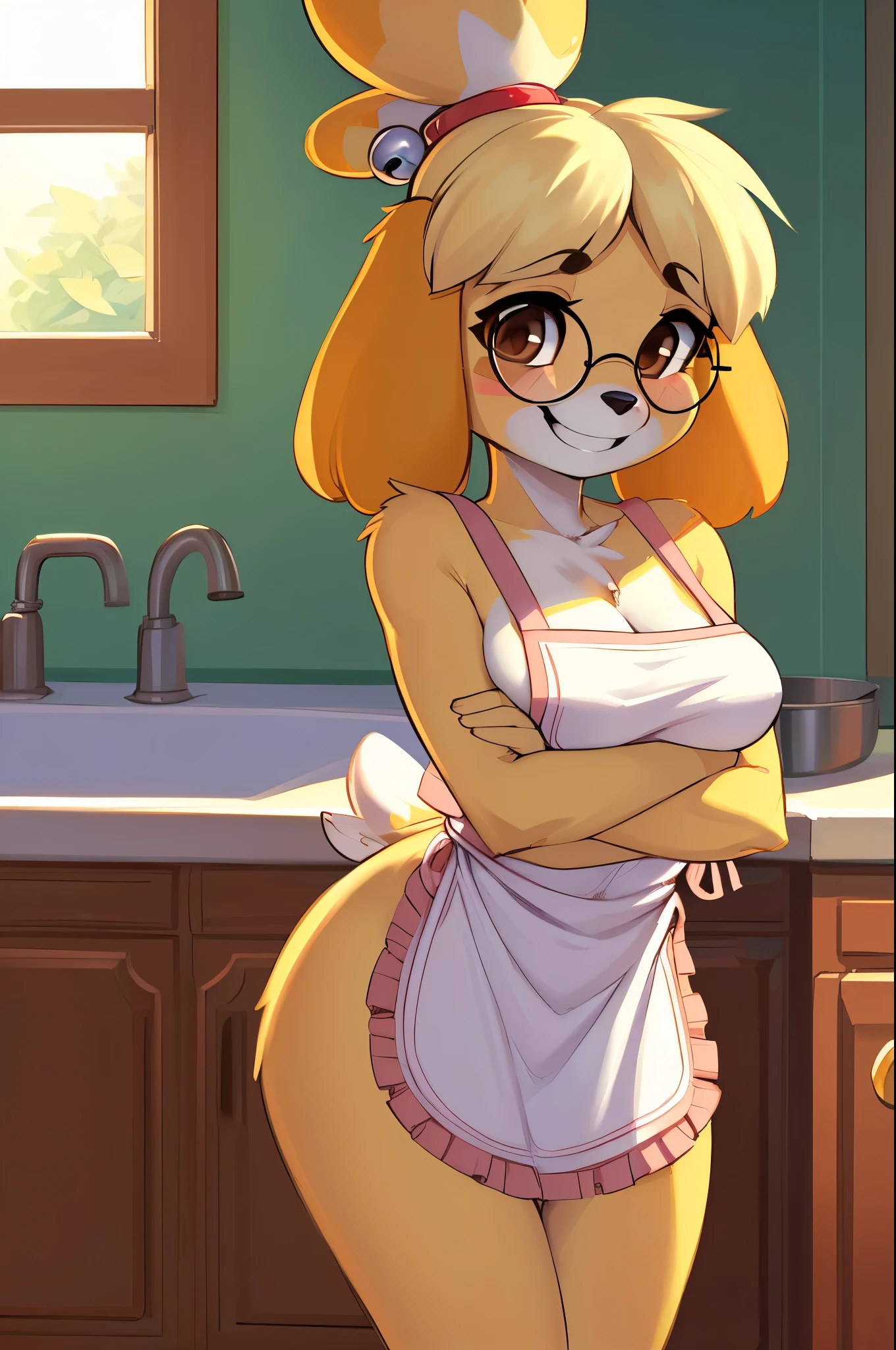 Detailed, ultra detailed, detailed eyes, ultra detailed eyes, masterpiece, (Isabelle, furry, female:1.5), (solo:1.5), (brown eyes, round glasses, wide smile, light blush:1.5), (featureless breasts, skinny:1.5), (cute pose:1.5), (naked apron:1.5), background, detailed background, (kitchen, sunlight:1.5), (by zaush:1.5), by meesh, by jrjresq, by minus8, by zackary911, by pudgeruffian, (by chunie:1.05), by canaryprimary