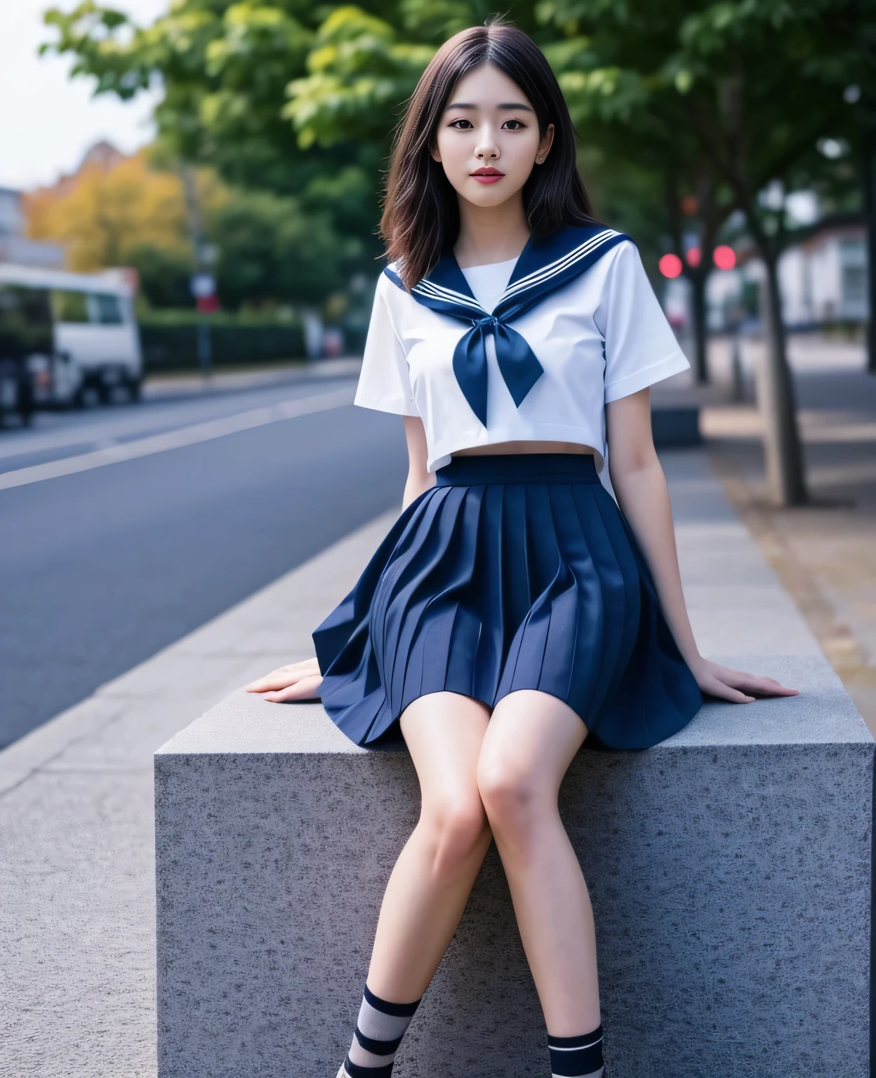 1girl, 18yo girl, sailor uniform, ((ankle length long navy blue skirt)), at the bus stop, big breast size, detailed face, beautiful eyes, long eyelashes, delicate facial features, serene expression, soft natural lighting, pastel colors, realistic, photorealistic, 8k, high quality, masterpiece