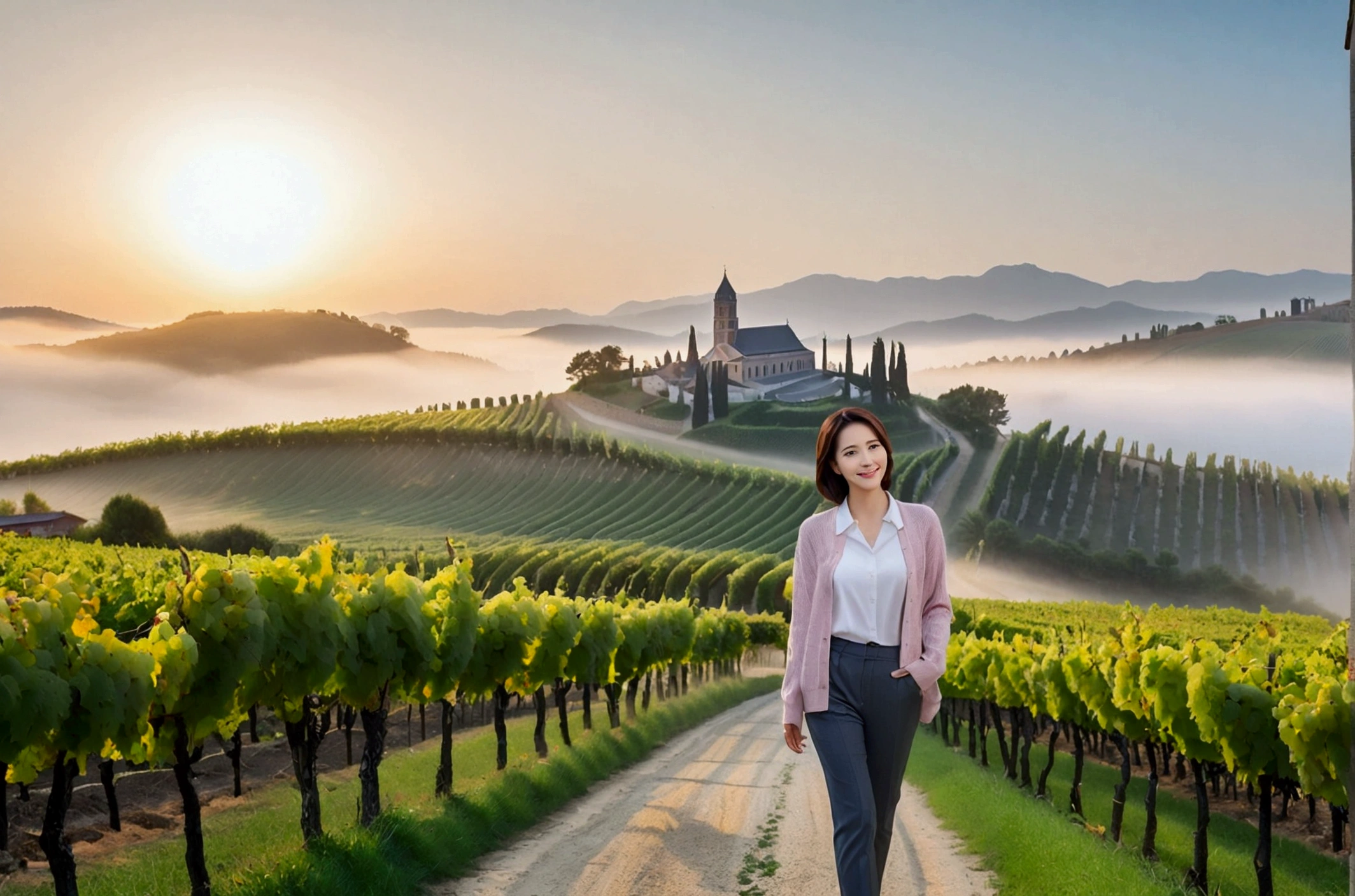 8k, ultra high resolution, best quality, masterpiece, 三分割法によるpicture,surreal, picture, 1 woman, (36 years old:1.3), Pretty Woman, Cute face, Beautiful Eyes in Every Detail, 細かくdetailedに,masterpiece,, a woman:1.2, Korean female announcer, Inspired by Son Ye-jin. whole body,young wife,Light pink collared shirt and short luxury brand cardigan, casual pants, Italian countryside vineyard road, foggy vineyard at dawn, A cathedral can be seen in the distance in the fog., look up at the sky , Full of cleanliness,a relaxed smile,heal the heart, short medium hair,beauty,long neck、Smile a little、Please shut your mouth and smile、(((ideal body type))),A cup small breasts :2,、portrait:2、complete anatomy、鮮明なdetailed、detailed、surreal, 캐논 16-35 광각렌즈 whole body샷, Show the pants part, Vivid picture quality, clearly, walking on a path, whole body 보이게, Short hair, short medium hair