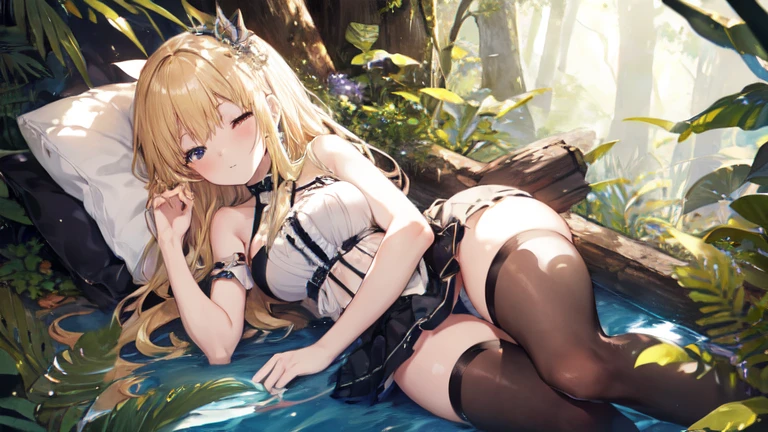 super high quality, Super detailed, Ultra-clear, forest, one person, long blonde hair, sleep, Swimsuit, Clothes with intricate details, mini skirt, Stockings