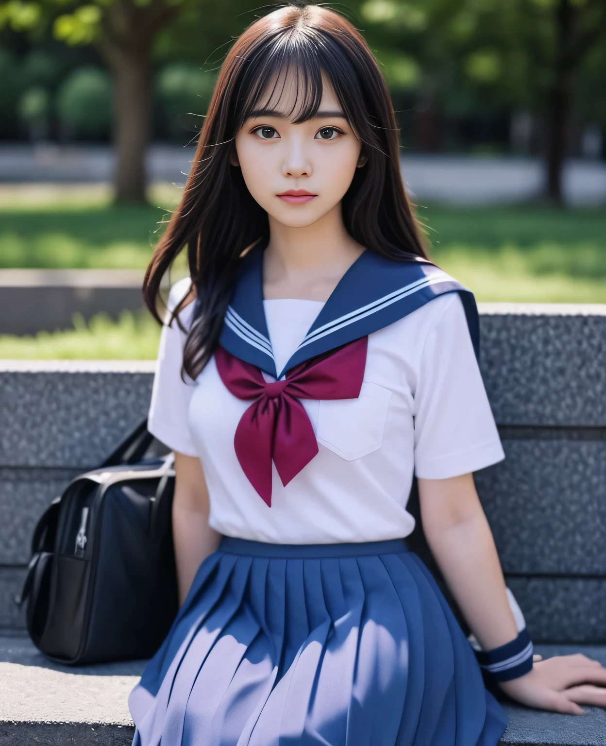 1girl, 18yo girl, sailor uniform, ((ankle length long skirt)), at the bus stop, big breast size, detailed face, beautiful eyes, long eyelashes, delicate facial features, serene expression, soft natural lighting, pastel colors, realistic, photorealistic, 8k, high quality, masterpiece