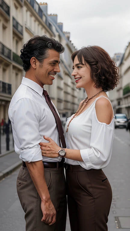 Front view, Full-body, couple is standing pose , on street , in Paris, looking Eiffel Tower, 2020 years ,(1 male and 1 female is existence), (1 male American Black man, 1 boy is 50 age old), ( black hair, wavy perm, brave,  handsome face, smile ), (American gentleman), ( blue suit style, Jacket suit , vest,  necktie, pants, hand watch,  (brown  shoes)), 1man and 1 woman is couple, each other love,  (A Parisian girl , 18 age, beautiful girl, Parisian girl, 18 years-old, height 175 cm), (light brown hair , blew eye, middle  hair, smile ), (middle breasts, slender whist, middle hip), (White beautiful tuck-in-blouse :1.3), （Red mini skirt: 1.3), (Red enamel Chanel Boots), (small pearl neckless, lady's watch ), (a Chanel shoulder bag, leaser string), (super detail, high details, high quality, accurate, anatomically correct, textured skin, beautiful fingers super detail, high details, high quality, best quality), 