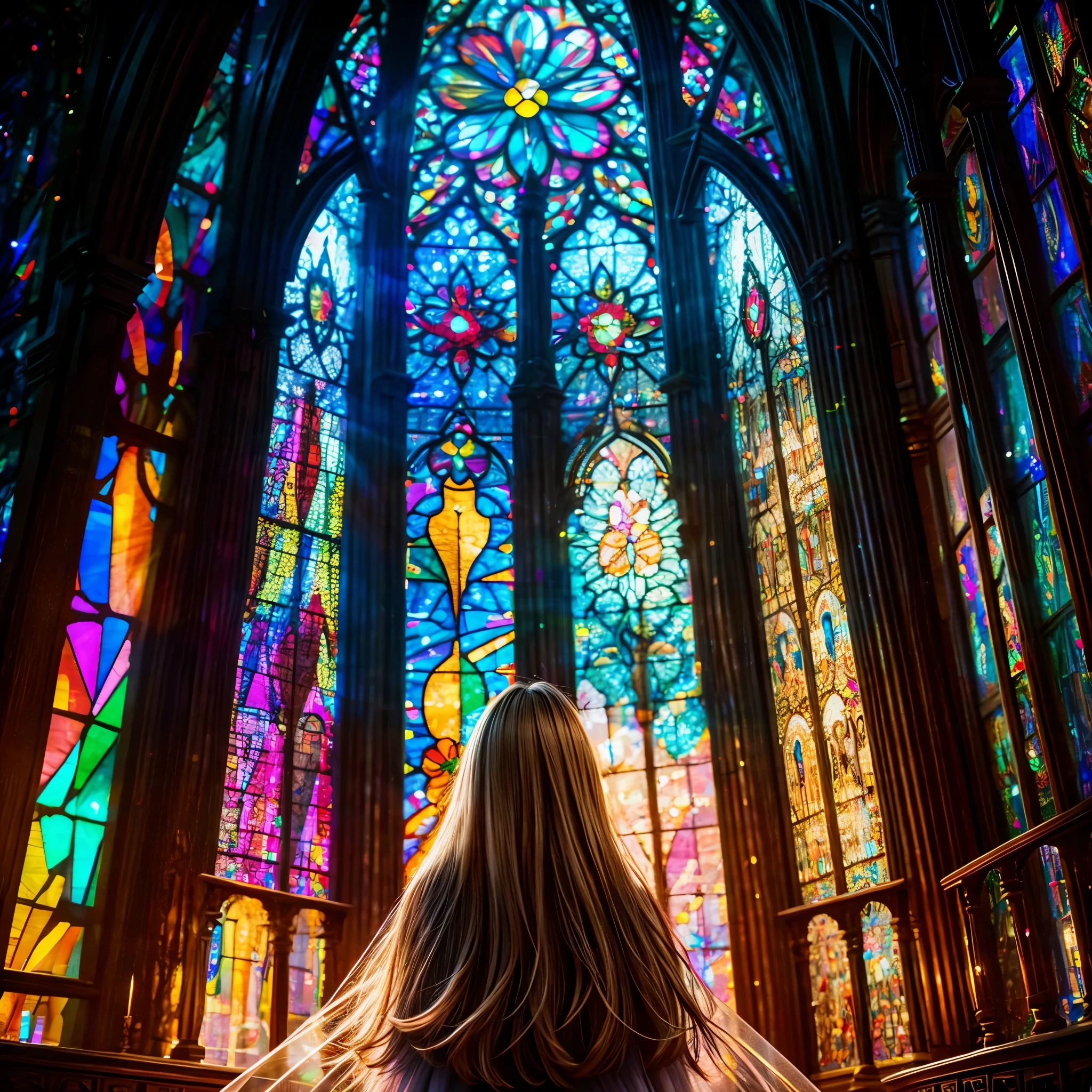 (Cathedral from below:1.28) (ZoomLayer) TopQuality 8K masterpiece of ((Professional photo)), (((Clarisse de Cagliostro))) (Detailed White WeddingDresses), Chain, (((Extremely detailed KAWAII face))) {((VeiledFace))|BlondeHair|(Elaborate BuleEyes)with(SparklingHighlights:1.28)}, The background is distant (((Elaborate stained glass))) Rainbow Glass, {(MysticSight)|EnchantingAtmosphere|Haze|(GodRays)|TyndallEffect}, Radiant PearlSkin with Transparency, (Exposed:0.39)