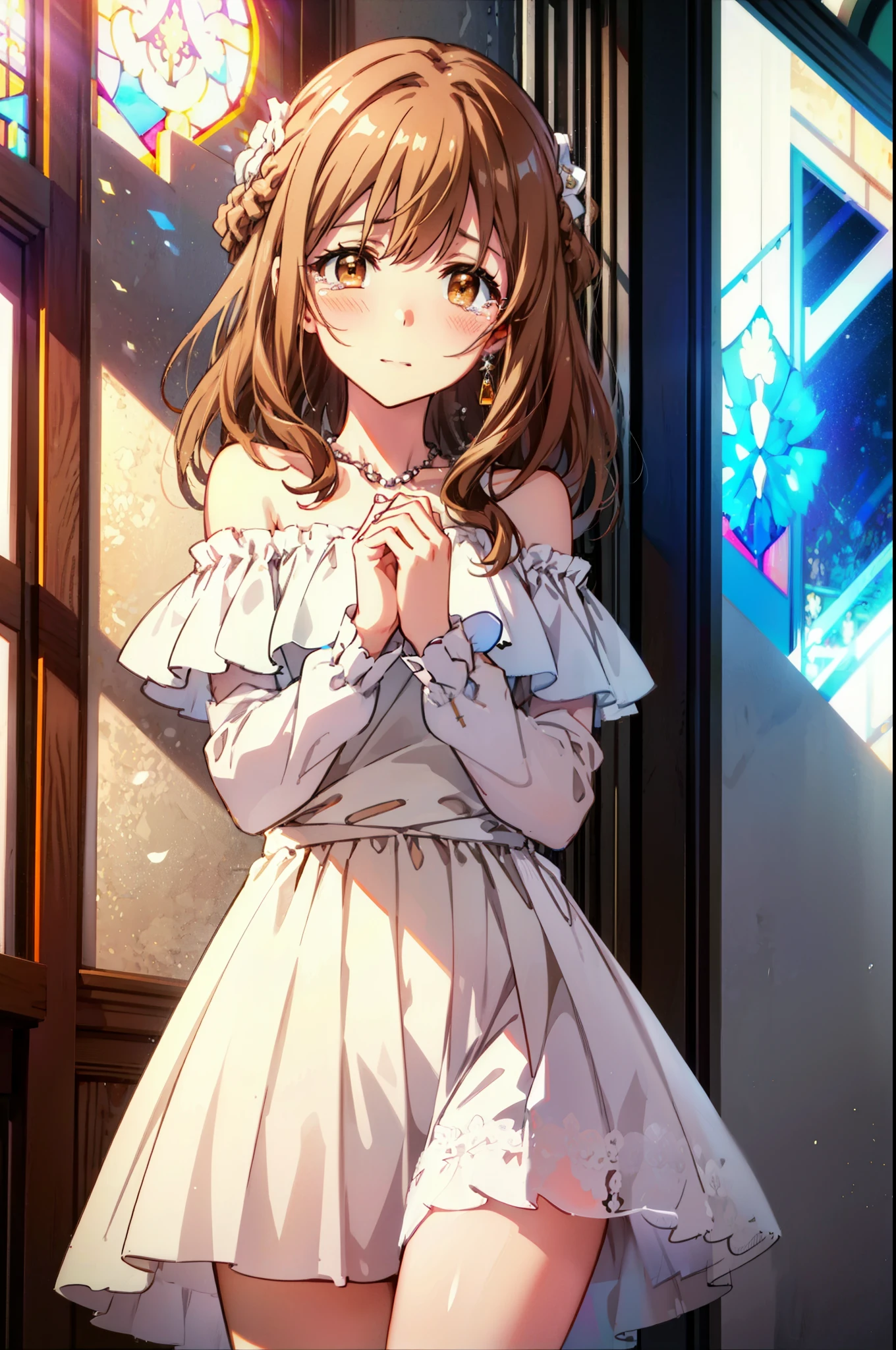 a sun ayuuki, a sun a yuuki, Long Hair, Brown Hair, (Brown eyes:1.8),smile,blush,Off-the-shoulder wedding dresses,necklace,Wedding Skirts,Holding a bouquet in both hands,Clear skies,Tears stream down her face,Tears of joy,I cry a lot,Flower storm,whole bodyがイラストに入るように,background(Stained glass)
break indoors, Chapel,教会
break looking at viewer, whole body,(Cowboy Shot:1.5),
break (masterpiece:1.2), Highest quality, High resolution, unity 8k wallpaper, (figure:0.8), (Beautiful attention to detail:1.6), Highly detailed face, Perfect lighting, Highly detailed CG, (Perfect hands, Perfect Anatomy),