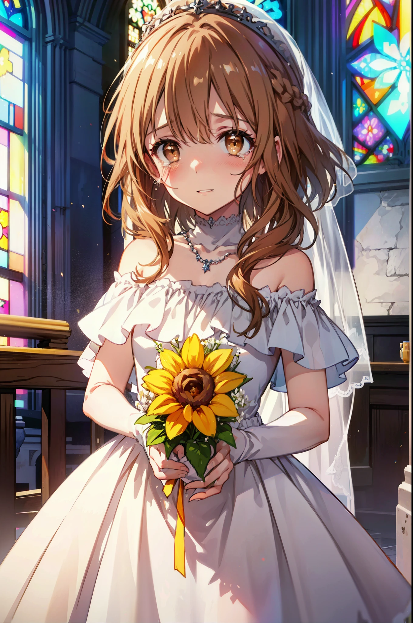 a sun ayuuki, a sun a yuuki, Long Hair, Brown Hair, (Brown eyes:1.8),smile,blush,Off-the-shoulder wedding dresses,necklace,Wedding Skirts,Holding a bouquet in both hands,Clear skies,Tears stream down her face,Tears of joy,I cry a lot,Flower storm,whole bodyがイラストに入るように,background(Stained glass)
break indoors, Chapel,教会
break looking at viewer, whole body,(Cowboy Shot:1.5),
break (masterpiece:1.2), Highest quality, High resolution, unity 8k wallpaper, (figure:0.8), (Beautiful attention to detail:1.6), Highly detailed face, Perfect lighting, Highly detailed CG, (Perfect hands, Perfect Anatomy),