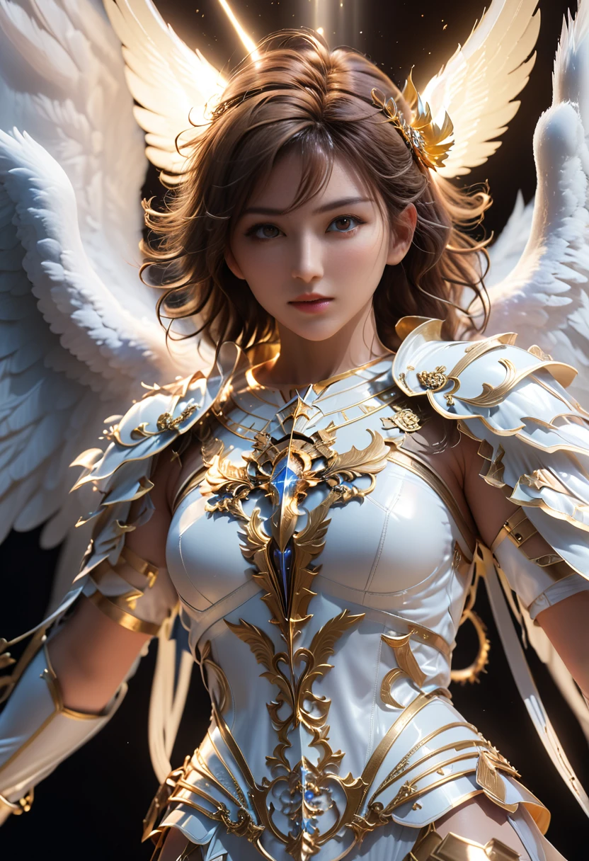 Archangel Michael、Four Archangels Last Out Peace,Highest quality,Ultra-detailed,High resolution,High resolution,4K,Portrait in 4K,8k,8kポートレート,unity 8k wallpaper,Highly detailed CG,Realistic,RAW Photos,Real person,Portrait of,Realistic,Glowing Skin,Detailed skin,((Top Quality)), ((Masterpiece)), (Details: 1.4), 3d, Thick voluminous hair, light particles, pure energy chaos antitech, HDR (High Dynamic Range), ray tracing, nvidia RTX, super resolution, Unreal 5, subsurface scattering, PBR Texturing, post-processing, anisotropic filtering, depth of field, maximum clarity and sharpness, multi-layer textures, Albedo and specular maps, surface shading, accurate simulation of light and material interaction, perfect proportions, Octane rendering, two-tone lighting, wide aperture, low ISO, white balance, trichotomy, 8k RAW,超Realisticな女性の肖像画,magic lights,32K resolution,Action pose, Realistic photos,Dynamic Lighting,Art Station,Volumetric lighting, Highly detailed face,Award,Shadow, Modesty,Beautiful long legs, showing thighs, Mastepiece, Cinematic Shadows, Synmatic Lighting, Realistic写真, Extremely detailed, Realistic写真, Raw photo,