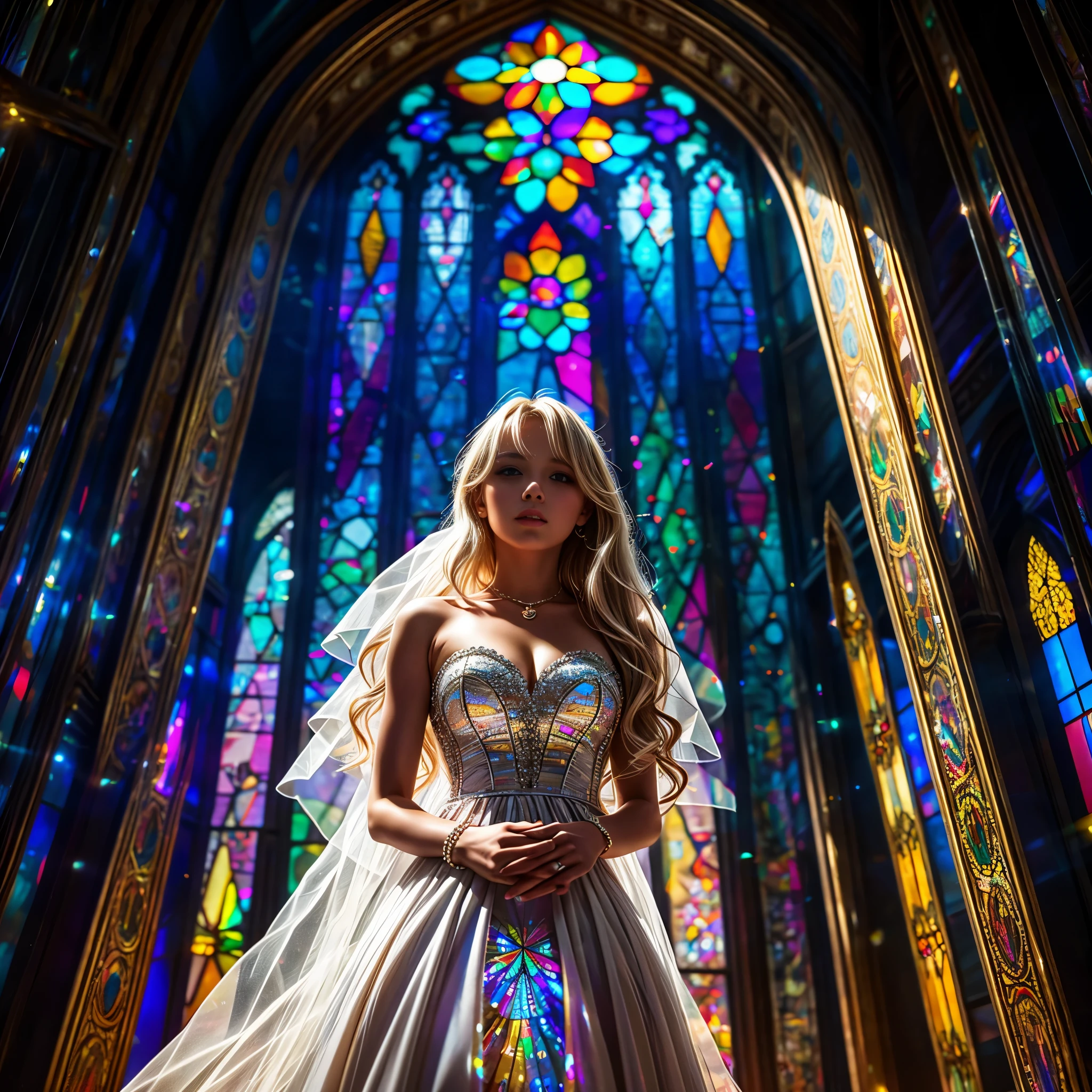 (Cathedral from below:1.28) (ZoomLayer) TopQuality 8K masterpiece of ((Professional photo)), (((Clarisse de Cagliostro))) (Detailed White WeddingDresses), Chain, (((Extremely detailed KAWAII face))) {((VeiledFace))|BlondeHair|(Elaborate BuleEyes)with(SparklingHighlights:1.28)}, The background is distant (((Elaborate stained glass))) Rainbow Glass, {(MysticSight)|EnchantingAtmosphere|Haze|(GodRays)|TyndallEffect}, Radiant PearlSkin with Transparency, (Exposed:0.39)