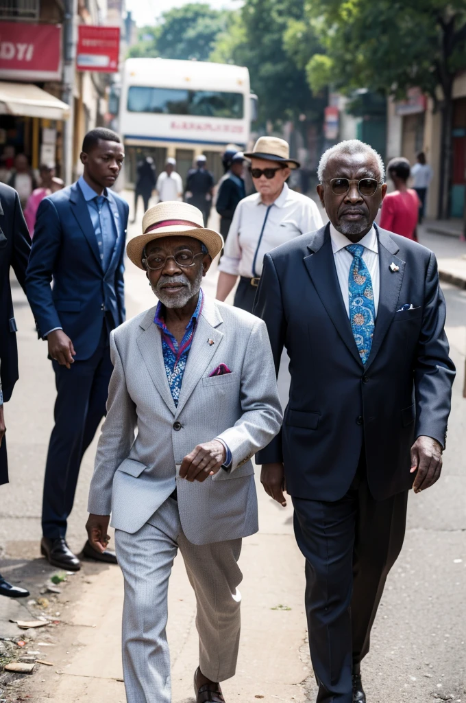 a vibrant and captivating scene featuring an elderly Sapeur in Congo walking and striking poses for a photograph. The elderly man should be dressed in a bright, eye-catching suit with bold colors and unique patterns, and wearing stylish glasses. The background should depict a bustling slum area in Congo, with dusty dirt roads and a crowd of people observing and admiring him. The contrast between the elderly man's sophisticated and standout attire and the humble, rough surroundings should highlight his confidence, unique sense of style, and the enduring spirit of the Sapeur amidst adversity , 35mm lens, Extreme close-up, depth of field cinematography effect, 8k resolution, high quality, ultra detail