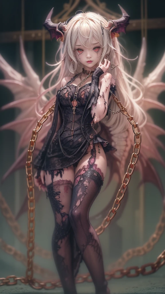 (32K:1.5, Dark fantasy:1.4, Highest quality, masterpiece, Ultra-high resolution), Perfect dynamic composition:1.3, Horror Portrait, chaos, Dark Background:1.3, Prisoner, slave, Dark Demon World, (Detailed tattoos on the whole body:1.4, Wearing exquisite jewelry:1.4), Very detailedな肌と顔の質感:1.3, Very accurate, Very detailed, (Cute and sexy succubus demon with big wings:1.3, Incredibly slim body:1.3, 美Shiily、美Shii:1.3), Horn, Fair skin, Sensual posture, disaster々Shii, ((Putting Badly Torn Clothing Back on Properly:1.3)), Mid-chest, (Big eyes that exude 美Shii eroticism:0.4, 激Shii愛撫を感じてください:1.0, Open your mouth a little, lipstick, Feel the 美Shii eroticism:0.9, Too sexy and cute:0.8, charm的な:0.8), ((Bloody:1.5, Covered in scars:1.5, Physical pain:1.6, Lots of chains:1.6, Countless chains tangled in clothes:1.6, Chain your right arm:1.5, Chain the left arm:1.5, The right leg is bound with a shackle and chain:1.5, The left leg is bound with a shackle and chain:1.5)), Super long blonde curly hair, Earrings, necklace, bracelet, romantic, mysterious, elegant, Object of admiration, original, dramatic, artistic, Innovative, charm, Heartful, Fancy, sense of openness, sense of cleanliness, special, exciting, Extreme, Tilt, sense of loss, sorrow, sorrowの表現, ((大人のcharm, 女性的なcharm))