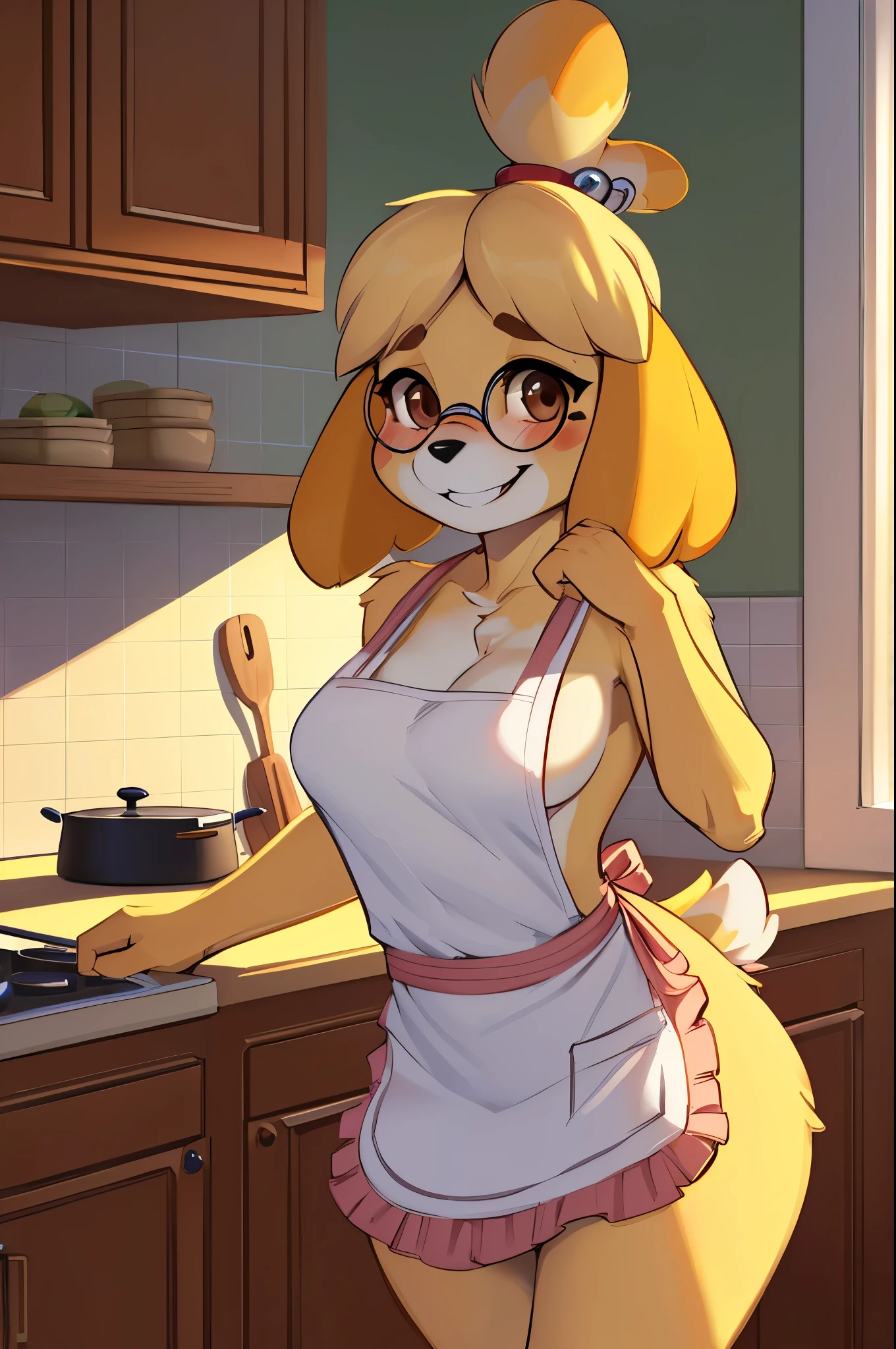 Detailed, ultra detailed, detailed eyes, ultra detailed eyes, masterpiece, (Isabelle, furry, female:1.5), (solo:1.5), (brown eyes, round glasses, wide smile, light blush:1.5), (featureless breasts, skinny:1.5), (cute pose:1.5), (naked apron:1.5), background, detailed background, (kitchen, sunlight:1.5), (by zaush:1.5), by meesh, by jrjresq, by minus8, by zackary911, by pudgeruffian, (by chunie:1.05), by canaryprimary