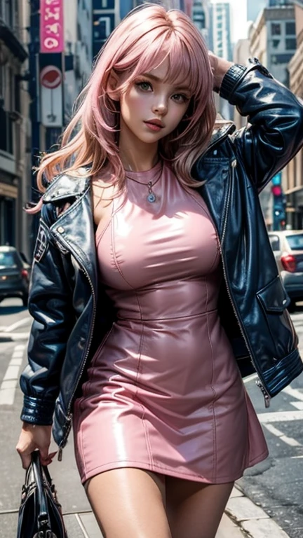 solo , 1girl , pink leather dress , big breast , American girl , blue jacket