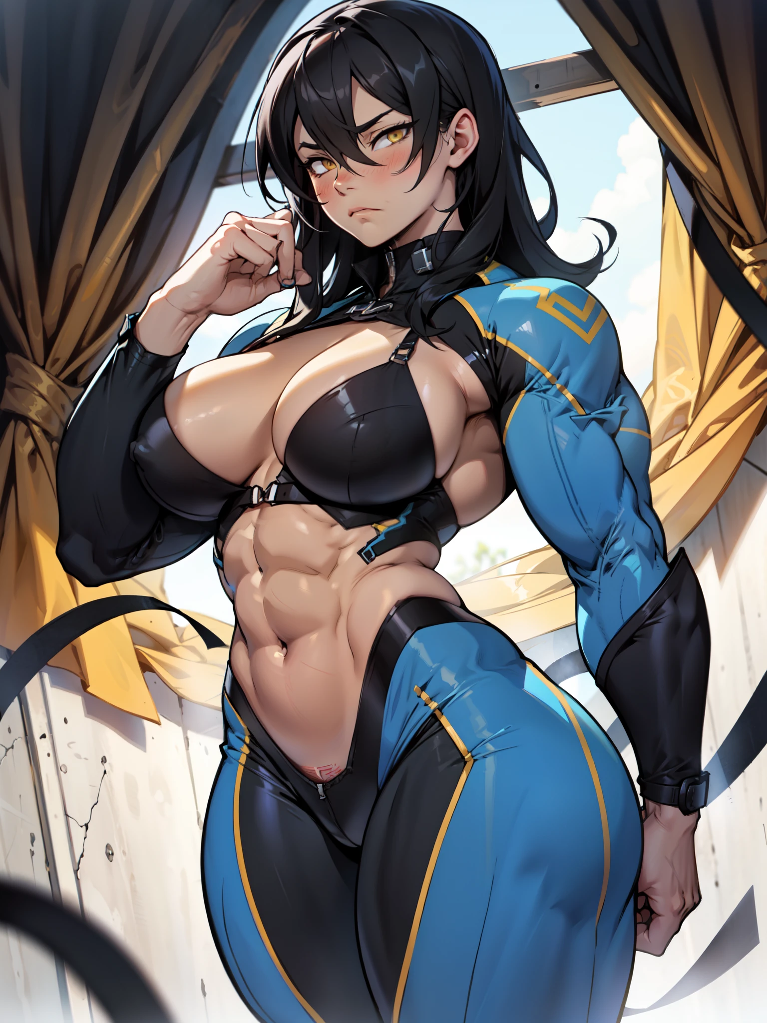 perfect anatomy best quality 1girl massive breasts huge muge muscles very long hair black hair yellow eyes pale skin empty eyes blush frown cowboy shot blurry background dynamic angle