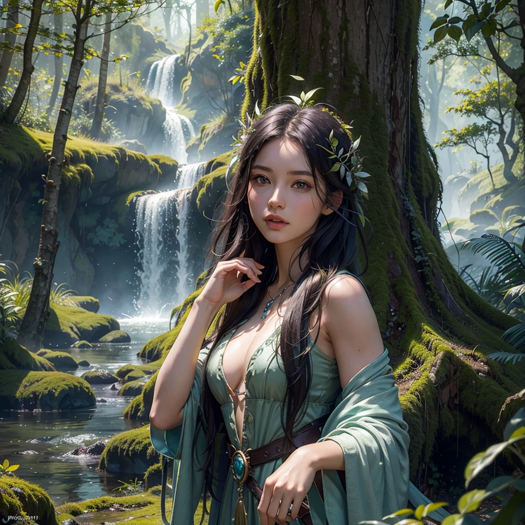 a incredibly attractive druid in an ancient forest surrounded by mystical creatures, immaculate detailed, top resolution, photograph like, realistic, raw photo, chromatic lens, photo realistic, flawless style clarity and focus, perfect photo like CGI, photo realistic, raw photo, crystal and chrome, gorgeous complexion, 1000 bit color template, cinematic lighting, HDR10, ravens and weasels watched as the tied up boddy guard