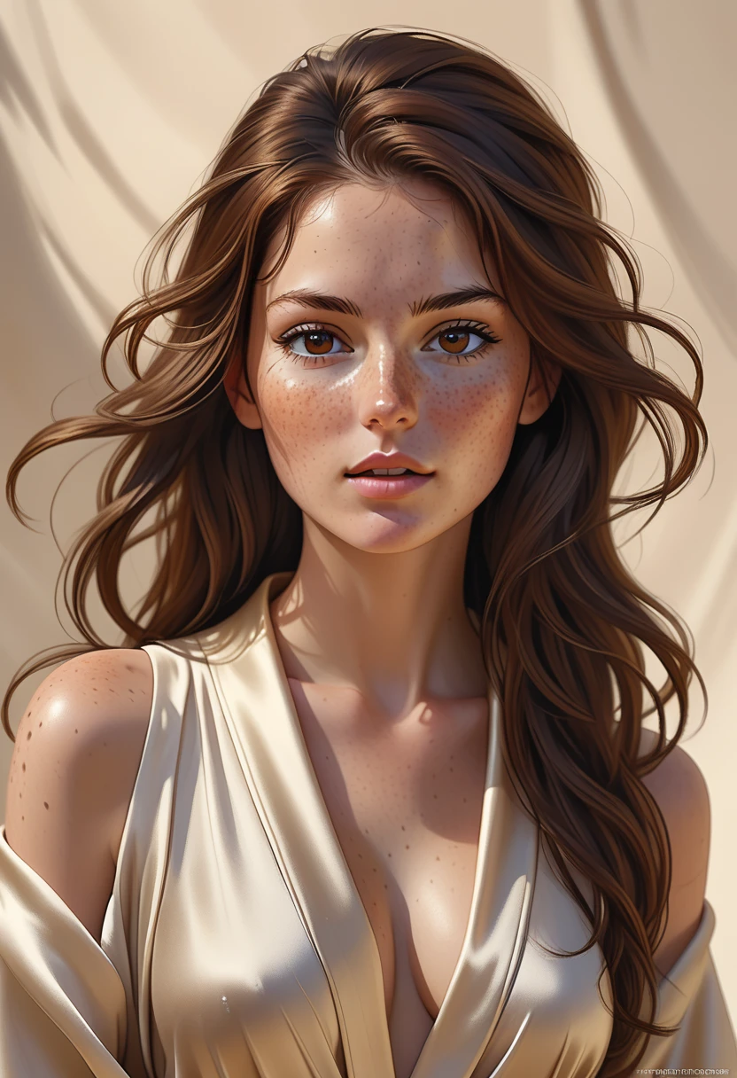 (GeGe:1.8), woman, brunette, brown eyes, (freckles: 1.6), Create a hyperrealistic digital matte painting portraying a flawless, young woman with (long, flowing brown hair:1.3) against a textured beige background. Rendered with intricate skin texture, sharp focus on facial features, and fluid, dynamic brushstrokes for hair and clothing. Her beauty is truly striking with her glossy, slightly parted lips and how her dark smokey eye makeup accentuates her (intense, sultry and alluring gaze:1.3) akin to 'bedroom eyes'. She is (barely wearing:1.2) a loosely undone, multicolored, (delicate silk robe:1.4) which has (seductively slipped off:1.3) half of her body, revealing her bare shoulder and (entire left breast:1.5) while the other remains (teasingly hidden:1.1). She adorns delicate jewelry, including earrings and a pendant necklace. The overall atmosphere arouses feelings of (sensuality, desire:1.4), and boldness in the viewer. Theme: A fusion of traditional femininity and natural beauty with artistic expression.