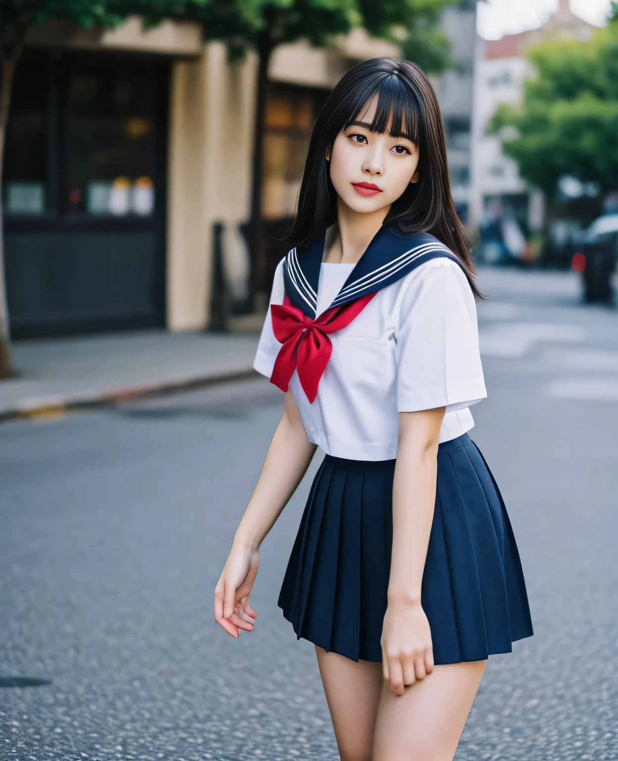 1girl, 18yo girl, sailor uniform, ankle length skirt, at the bus stop, big breast size, beautiful detailed eyes, beautiful detailed lips, extremely detailed face and portrait, long eyelashes, photorealistic, 8k, highres, masterpiece, studio lighting, ultra-fine painting, sharp focus, physically-based rendering, professional, vivid colors, bokeh, cinematic lighting, atmospheric, dramatic, elegant