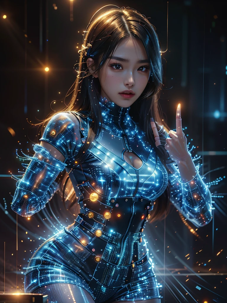 Ultra-Realistic Capture,18k,RAW Photos,Highest quality,masterpiece,reality,Very detailed,Live Action,Very beautiful woman,Detailed face,Glowing Skin,rainbow,Automata,cyber punk,18-year-old ,Model body type,slim,lots of leds,Clothes made of light particles,rainbowスキン,Implanted electronic devices,Very detailedな電子機器,Many connecting lines,Very long hair,Large Breasts,Acrobatic poses,((Middle finger:1.5)),neon,upper body,Angry expression,